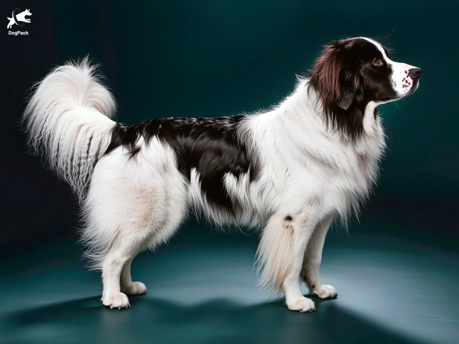 Landseer Dog breed full body view standing against green background