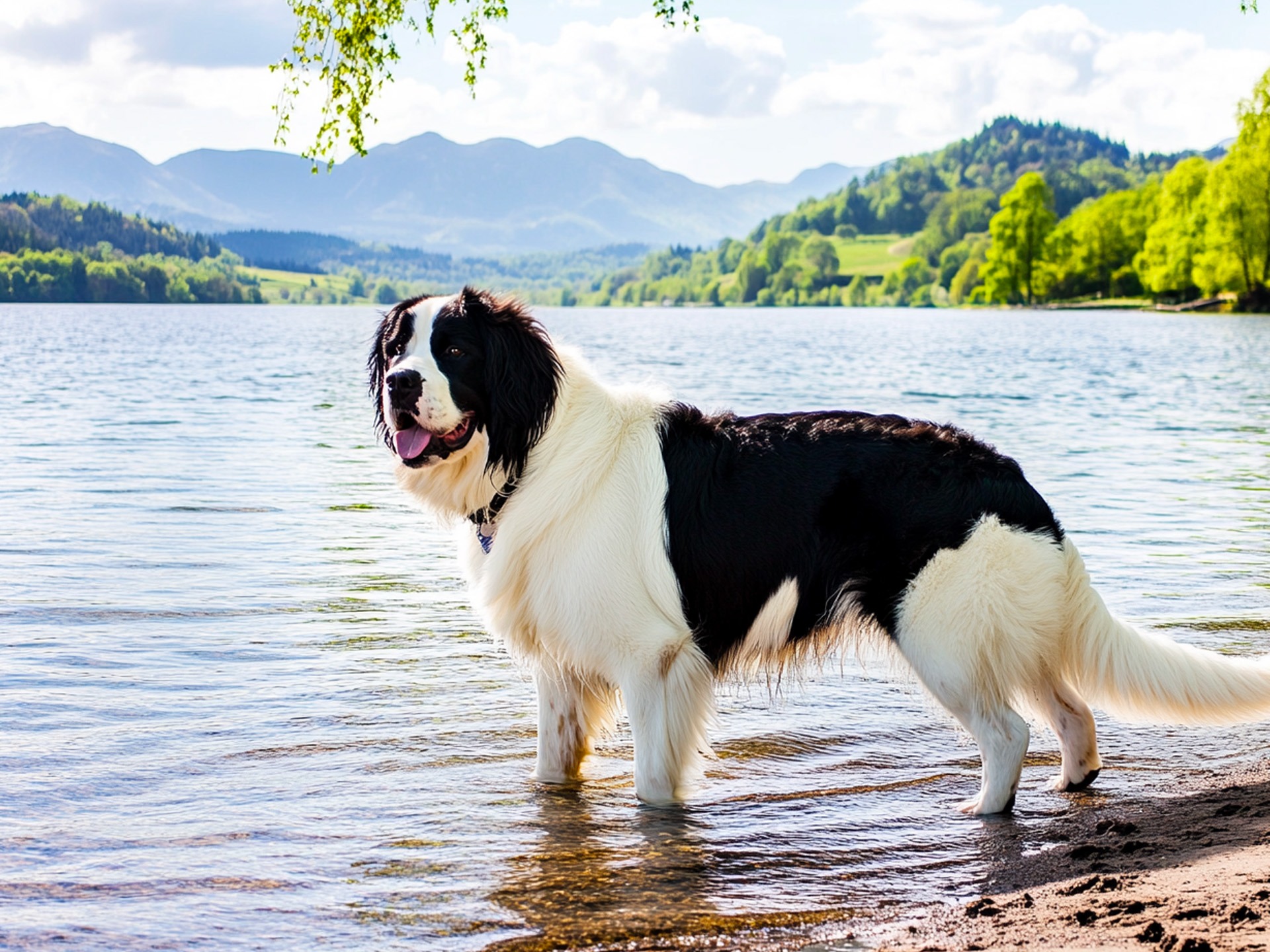 Landseer dog standing in a serene lake, surrounded by lush greenery and distant mountains under a clear sky