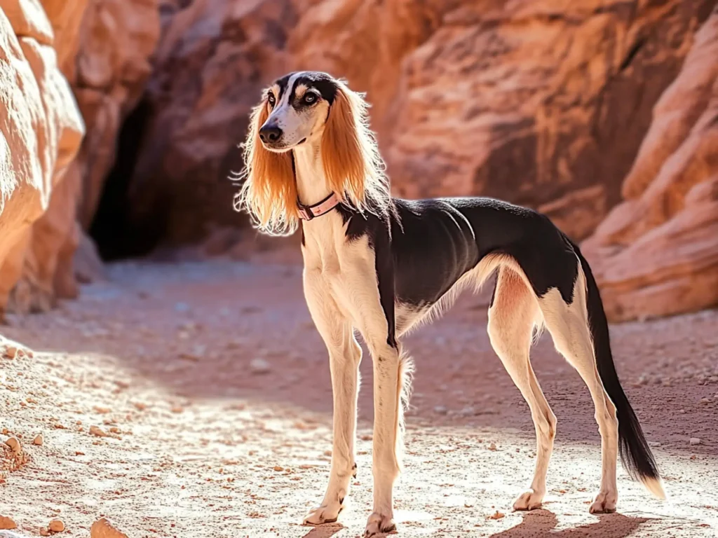 A graceful Saluki standing in a sandy, desert-like setting