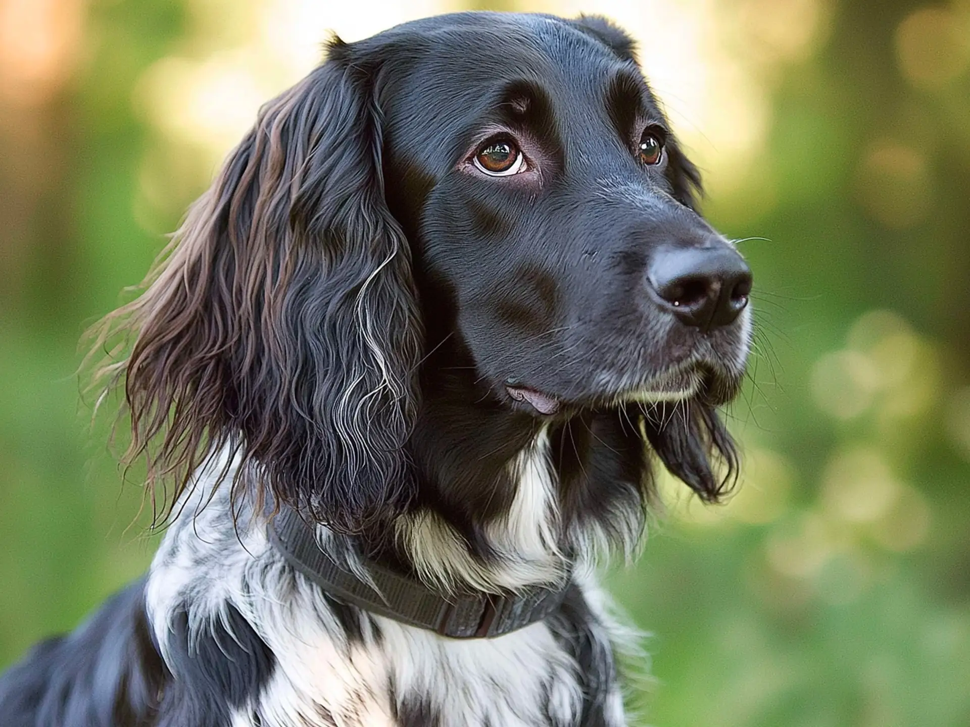 Close-up of a Large Munsterlander dog with a glossy black-and-white coat, soft wavy ears, and a focused gaze against a blurred natural background