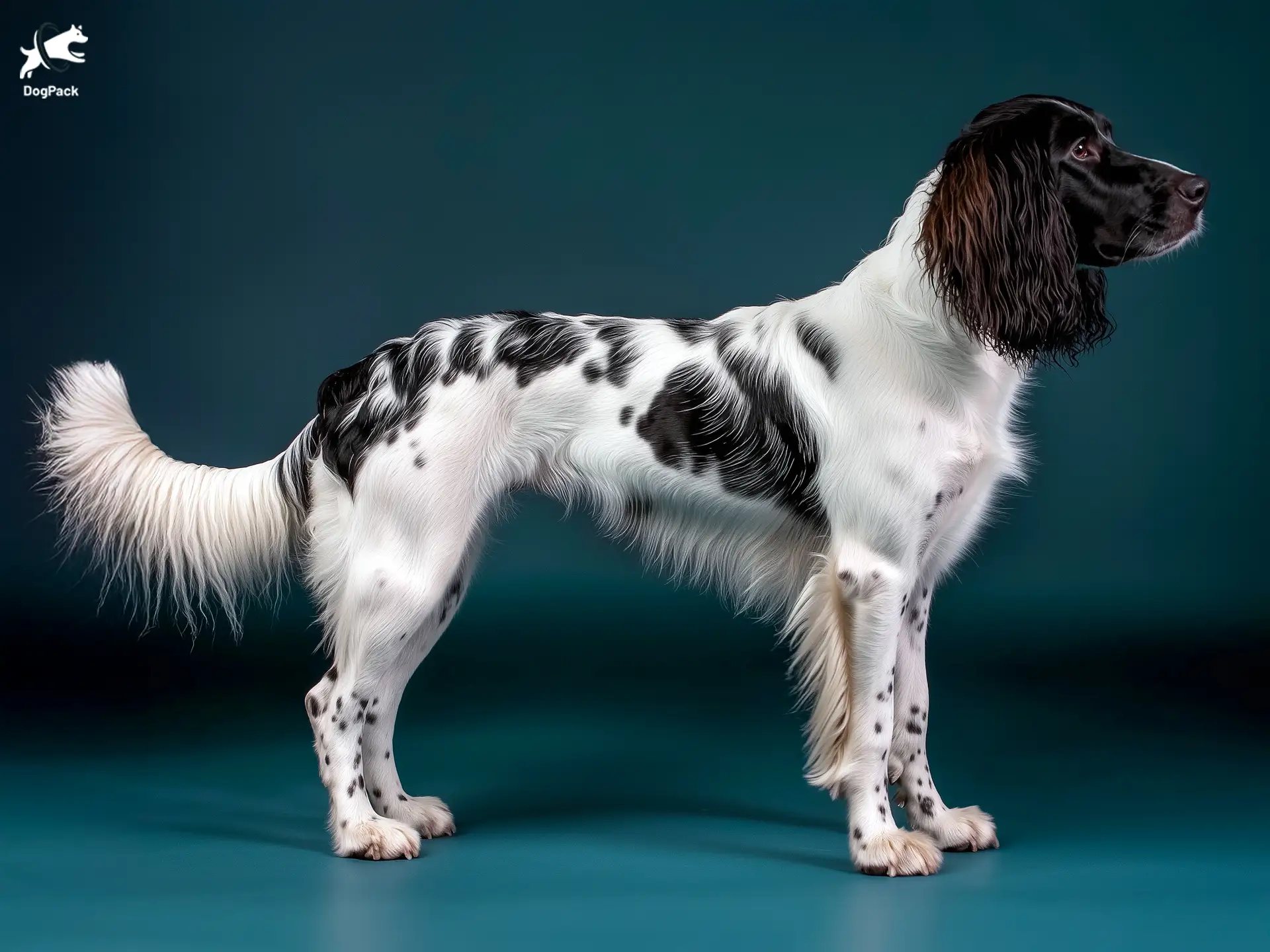 Large Munsterlander Dog breed full body view standing against green background