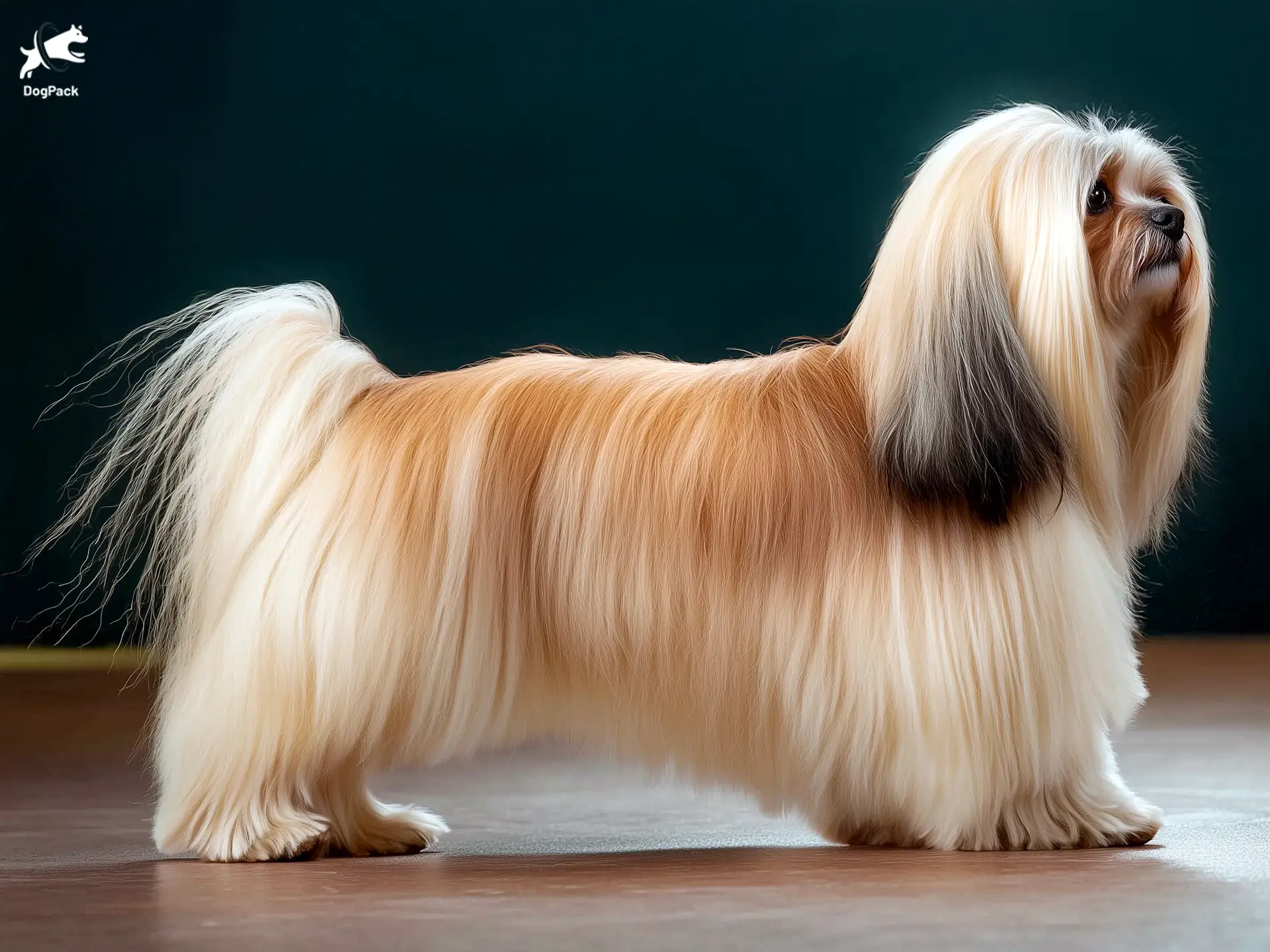 Lhasa Apso Dog breed full body view standing against green background