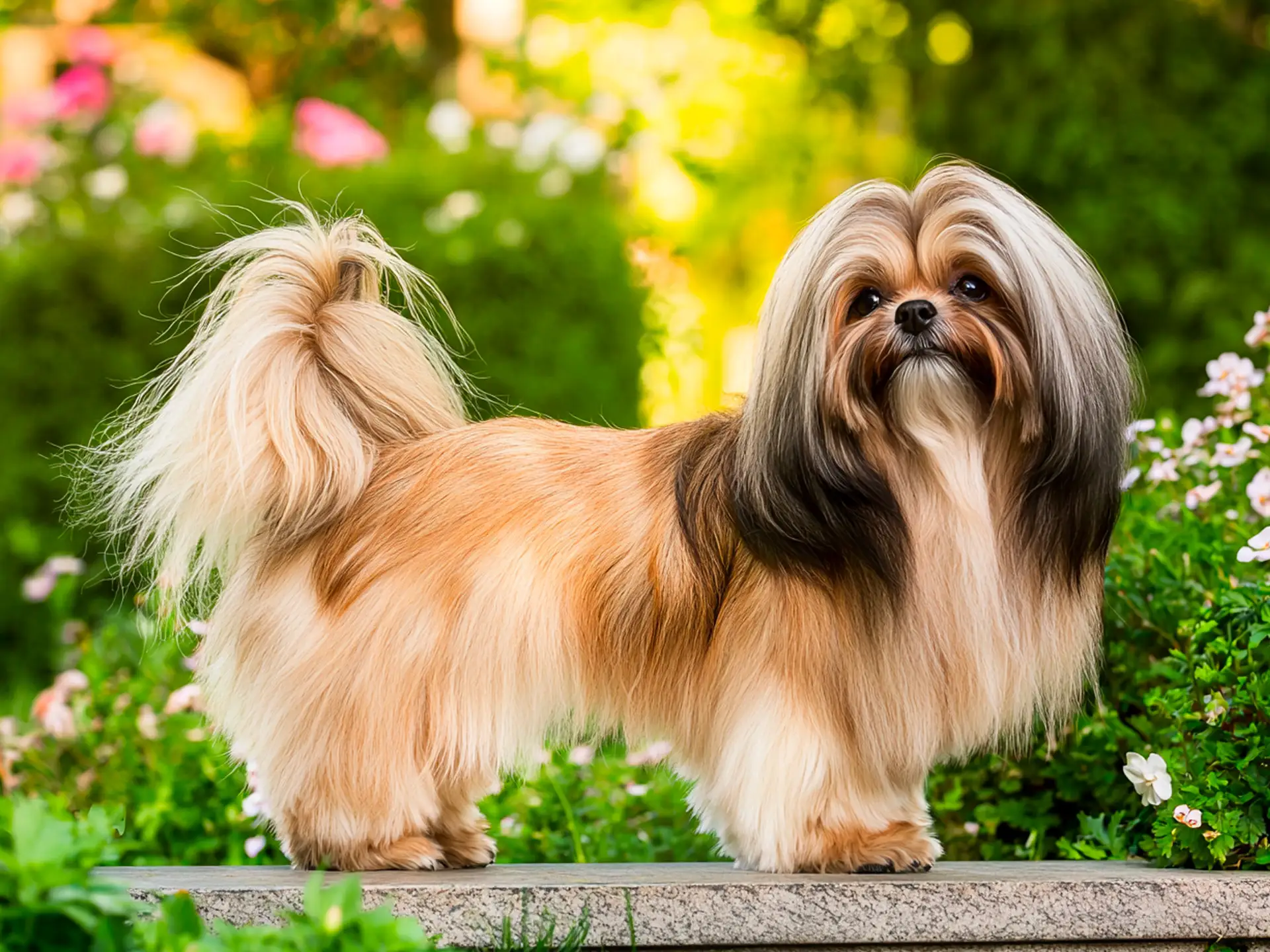 Full-body shot of a Lhasa Apso standing on a stone platform in a lush garden, showcasing its luxurious double coat.