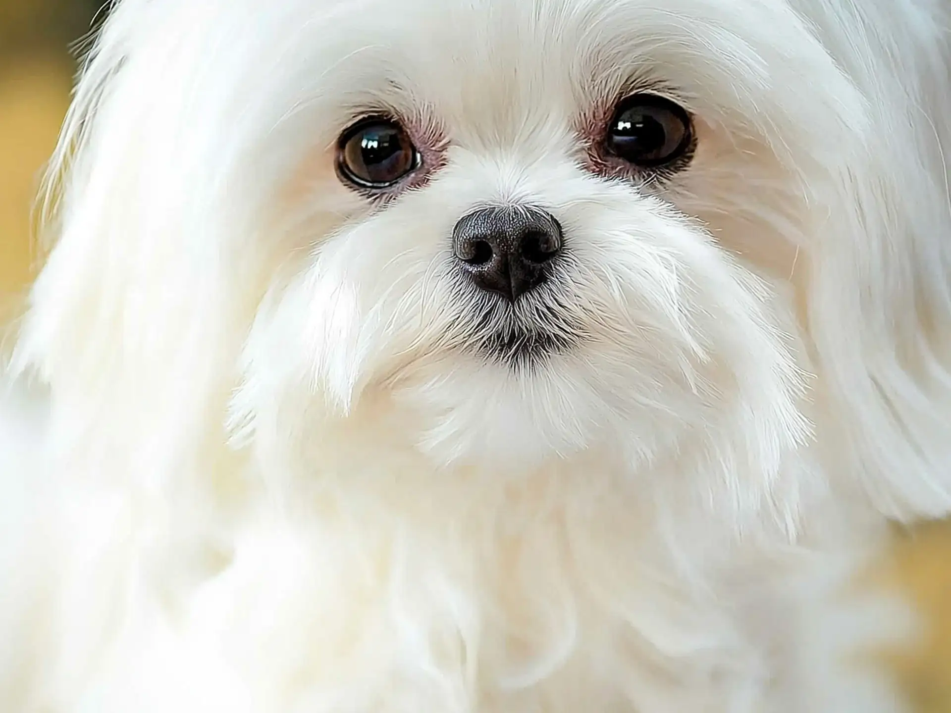 Close-up of a Maltese dog with a silky white coat and dark expressive eyes