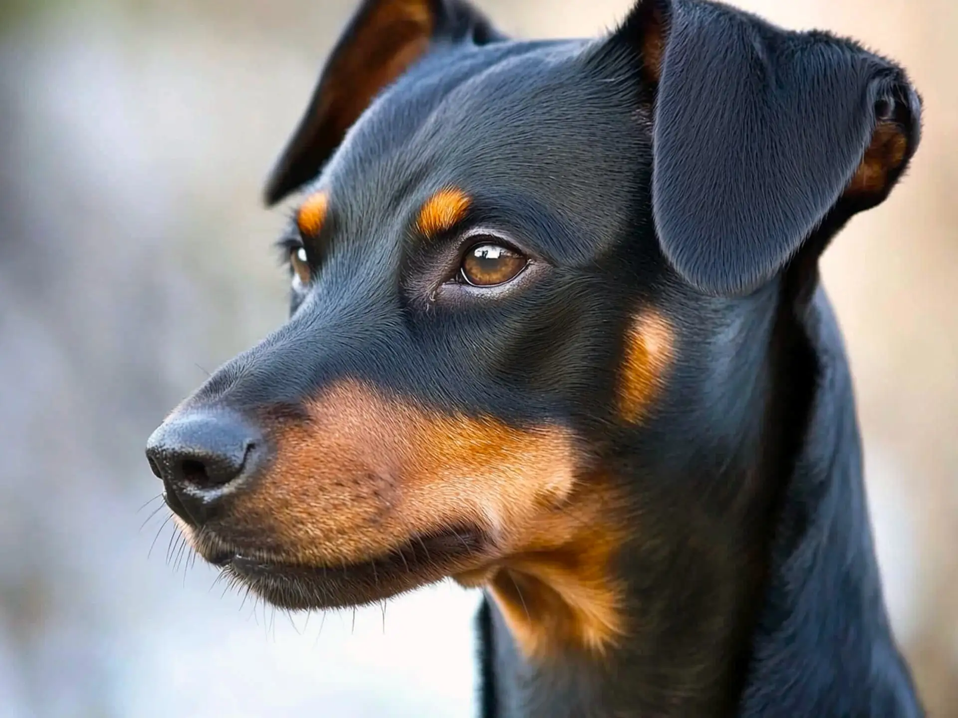 Close-up of a Manchester Terrier with a sleek black and tan coat, alert expression, and folded ears