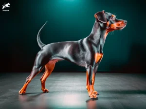 Manchester Terrier Dog breed full body view standing against green background