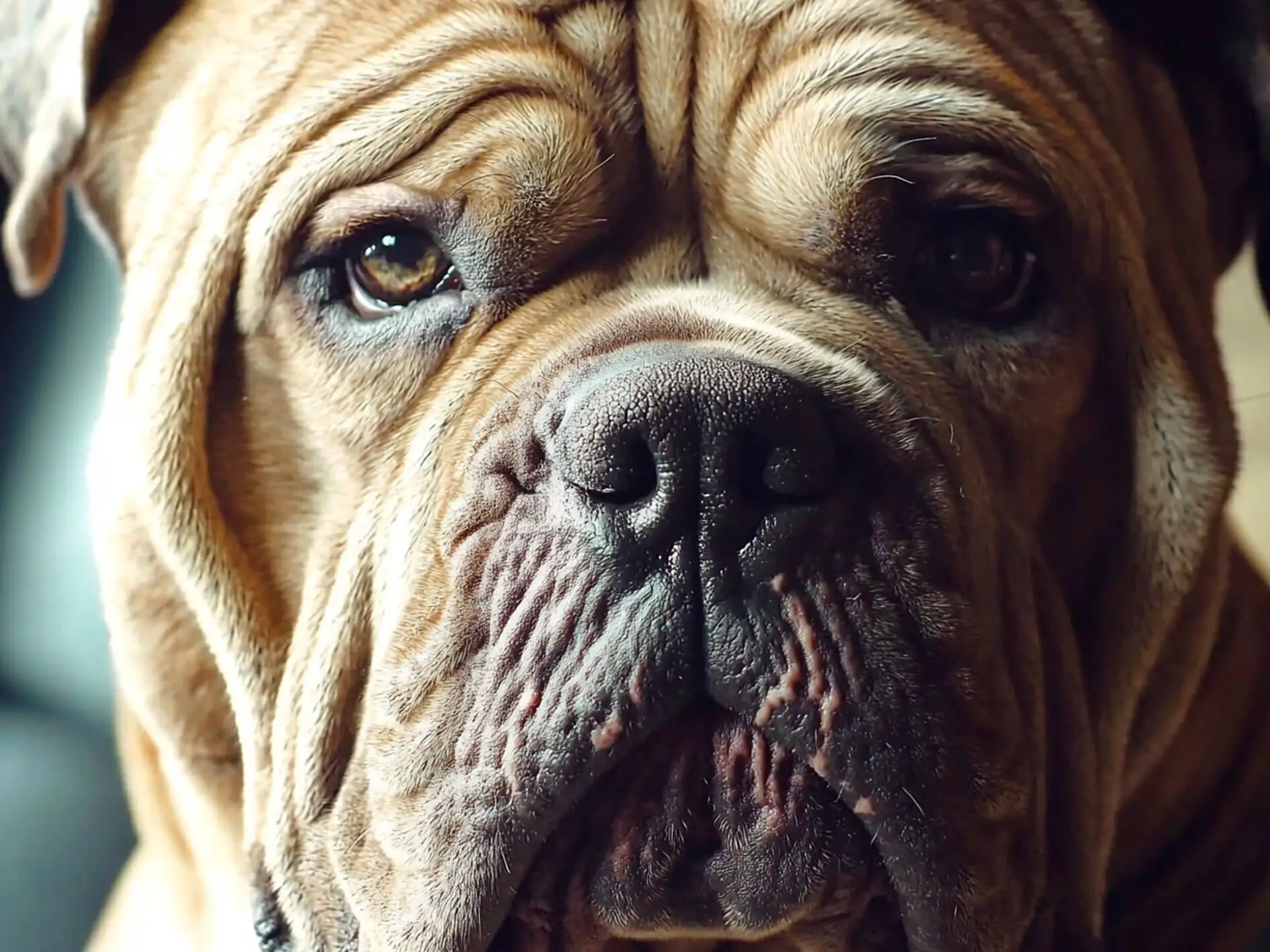 Close-up of a Neapolitan Mastiff's wrinkled face with deep-set eyes and loose skin folds