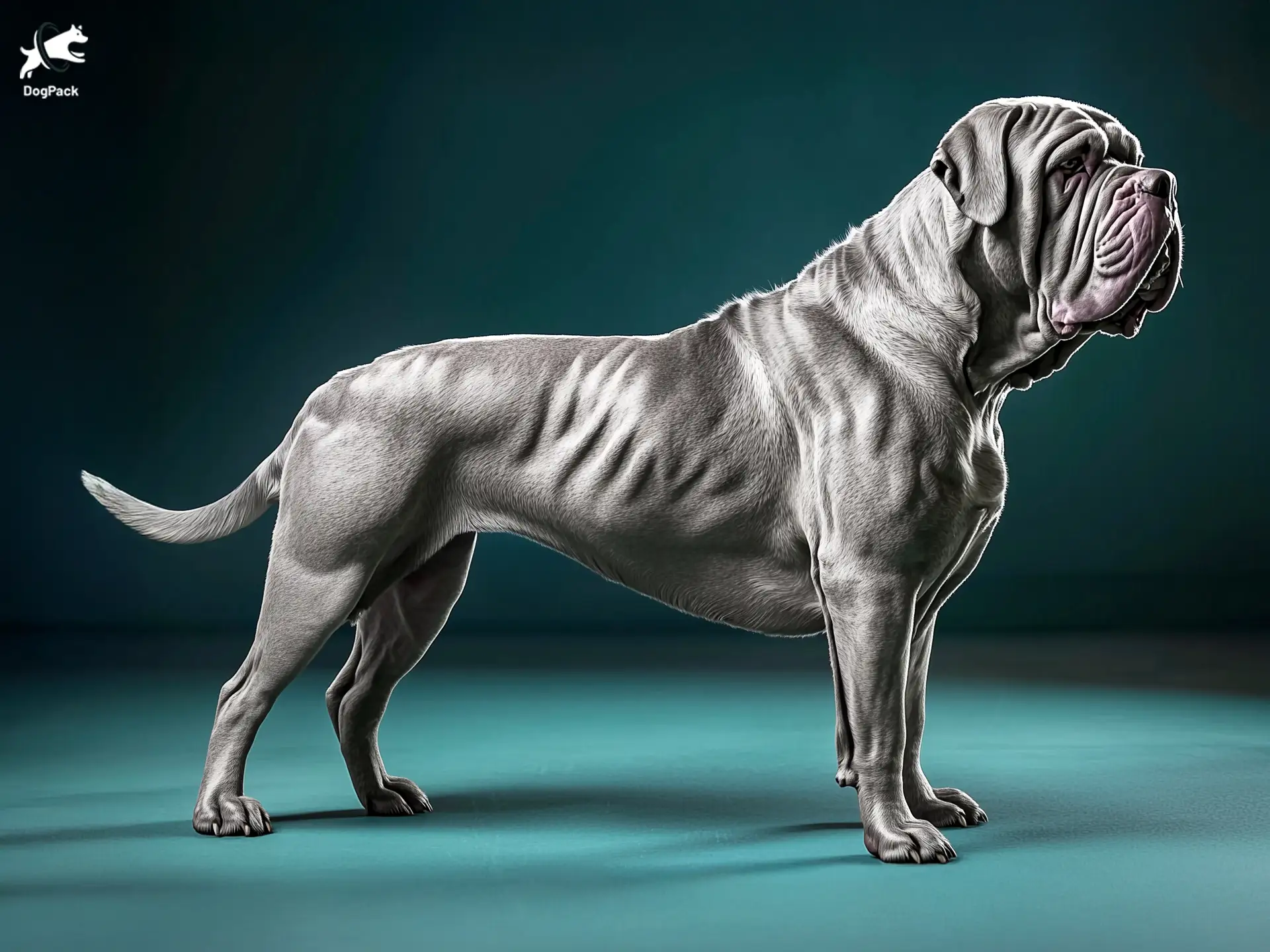 Neapolitan Mastiff Dog breed full body view standing against green background