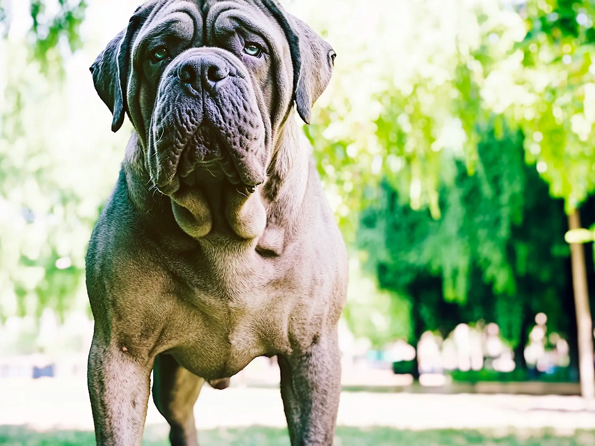 A powerful Neapolitan Mastiff standing outdoors, showcasing its muscular build and heavy wrinkles