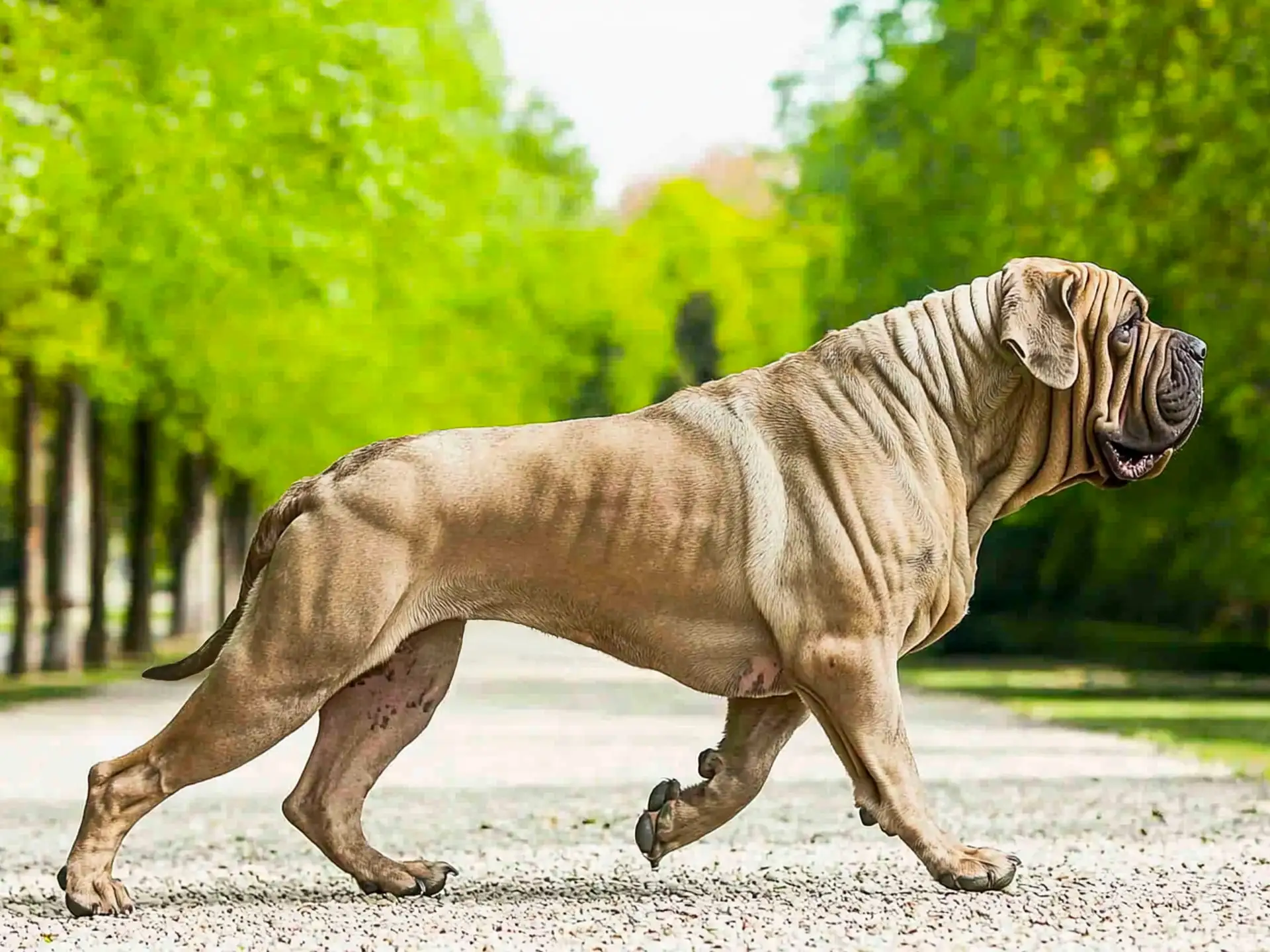 Side profile of a Neapolitan Mastiff walking in a park, highlighting its loose skin and massive physique