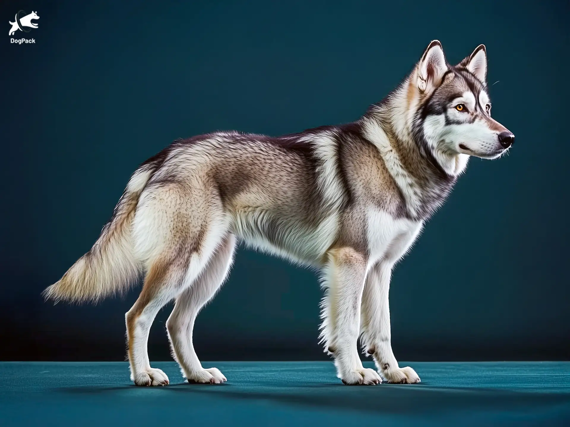 Northern Inuit Dog breed full body view standing against green background