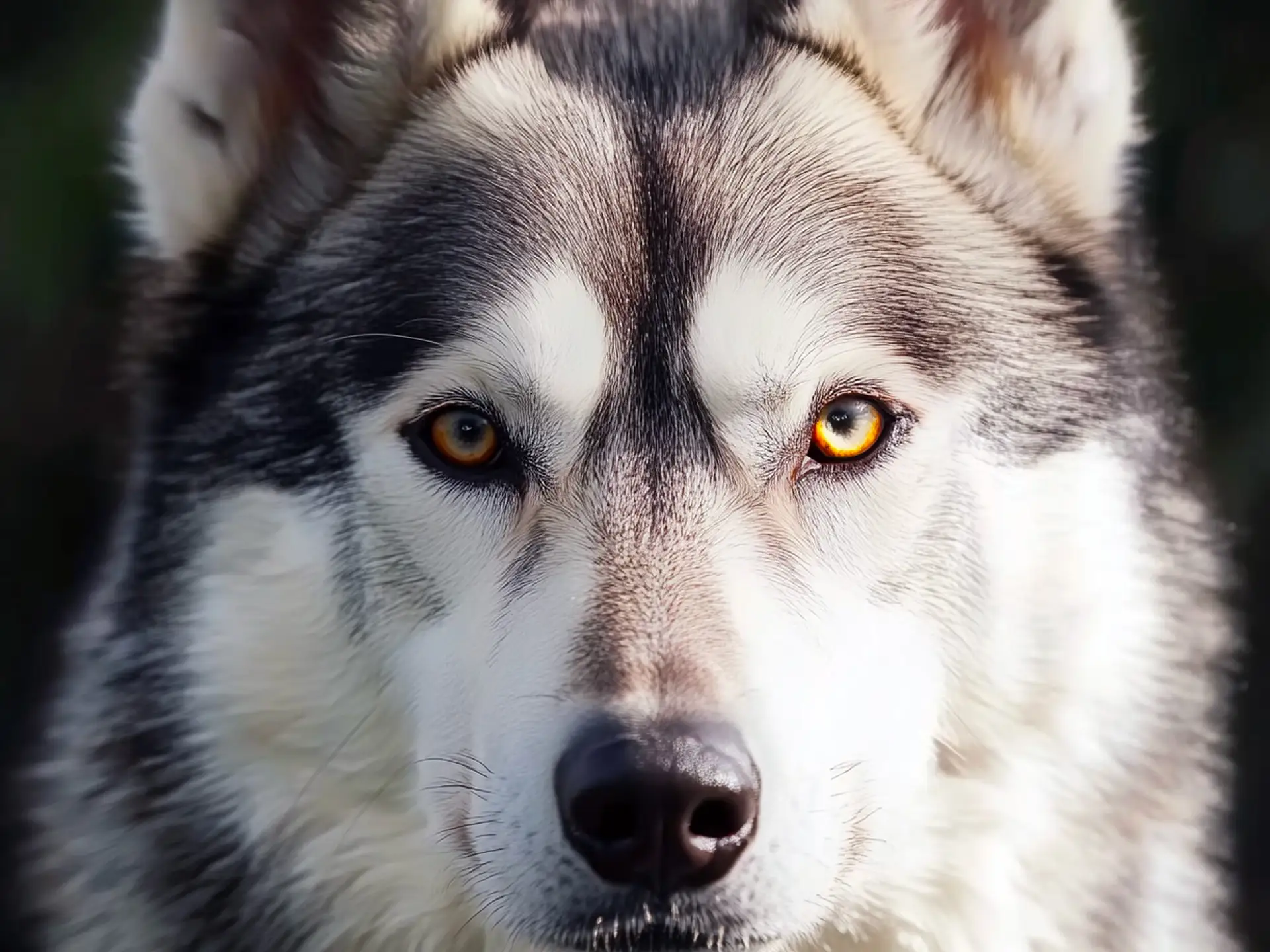 Close-up of a Northern Inuit Dog with piercing golden eyes