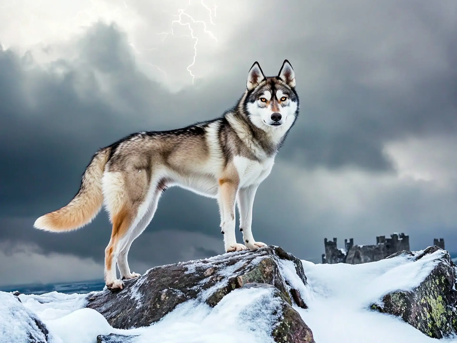 Northern Inuit Dog standing on rocks with stormy skies and lightning in the background