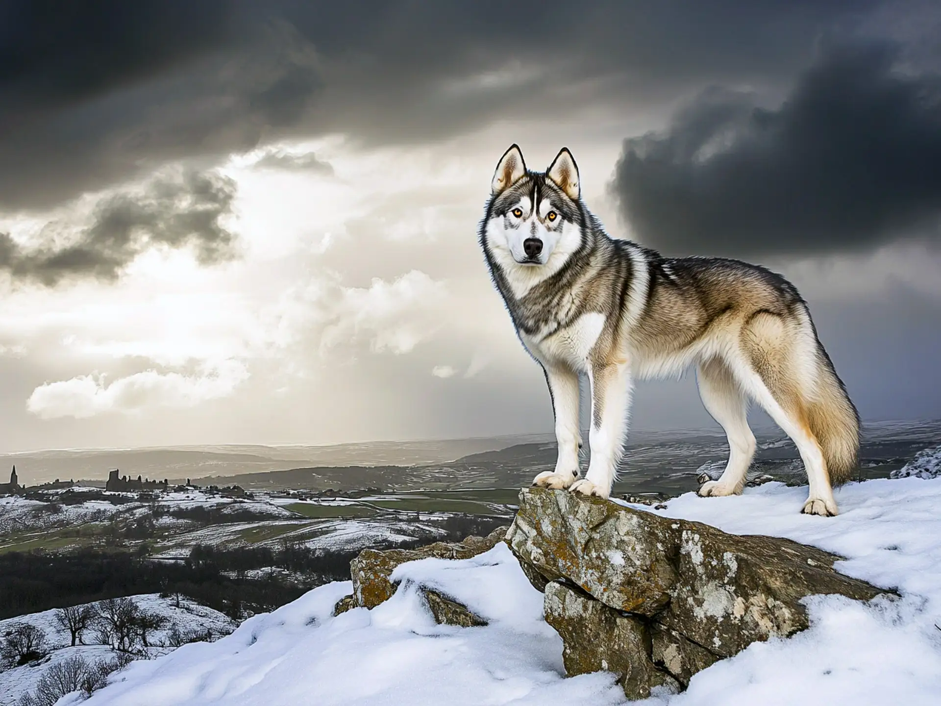 Northern Inuit Dog standing on a rocky hill with a snowy mountain backdrop