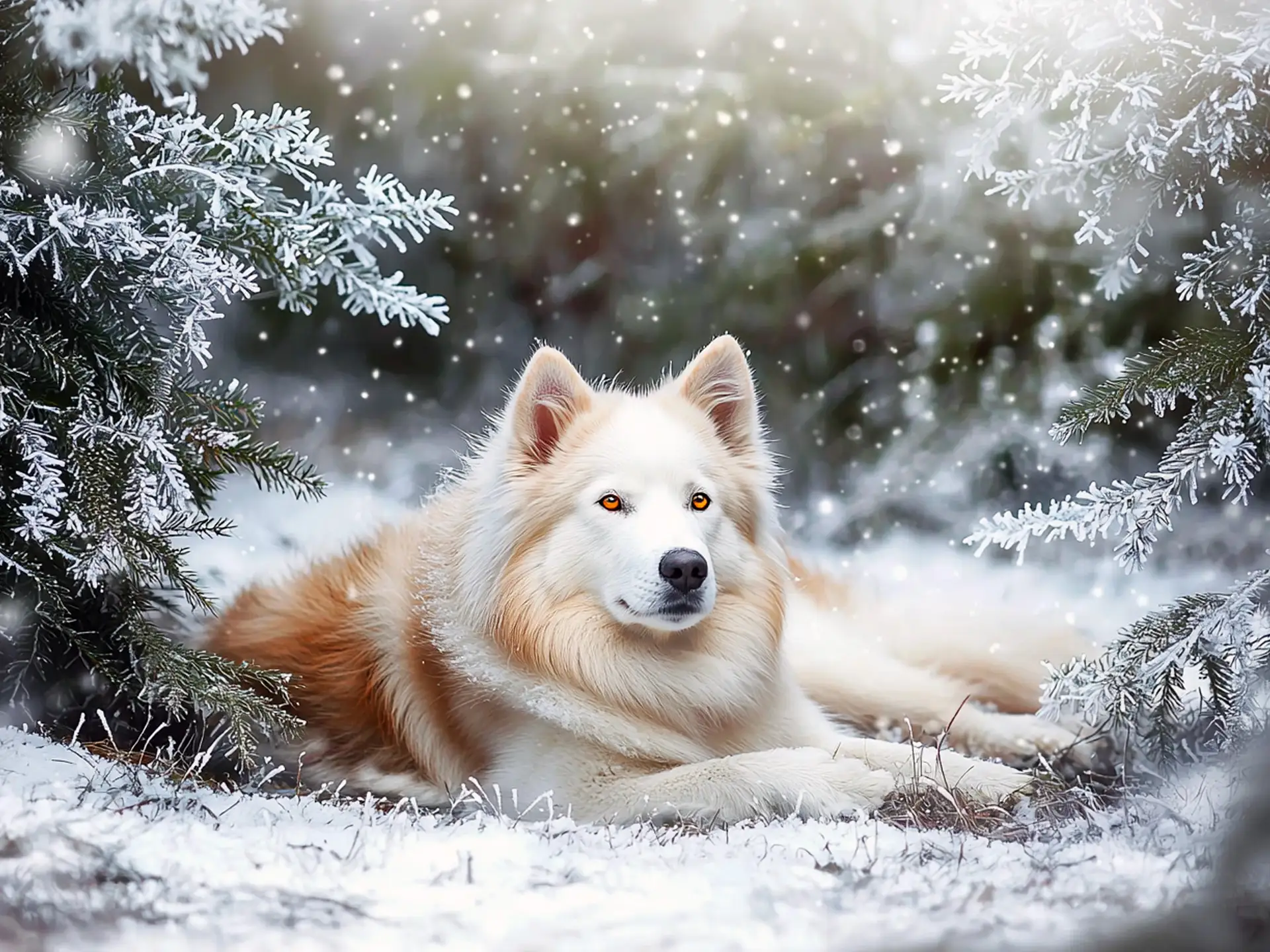 Northern Inuit Dog lying in the snow, surrounded by frosty pine trees