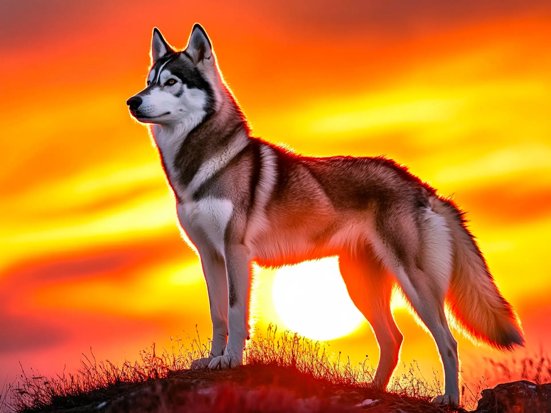 Northern Inuit Dog standing on a hill during a vibrant sunset