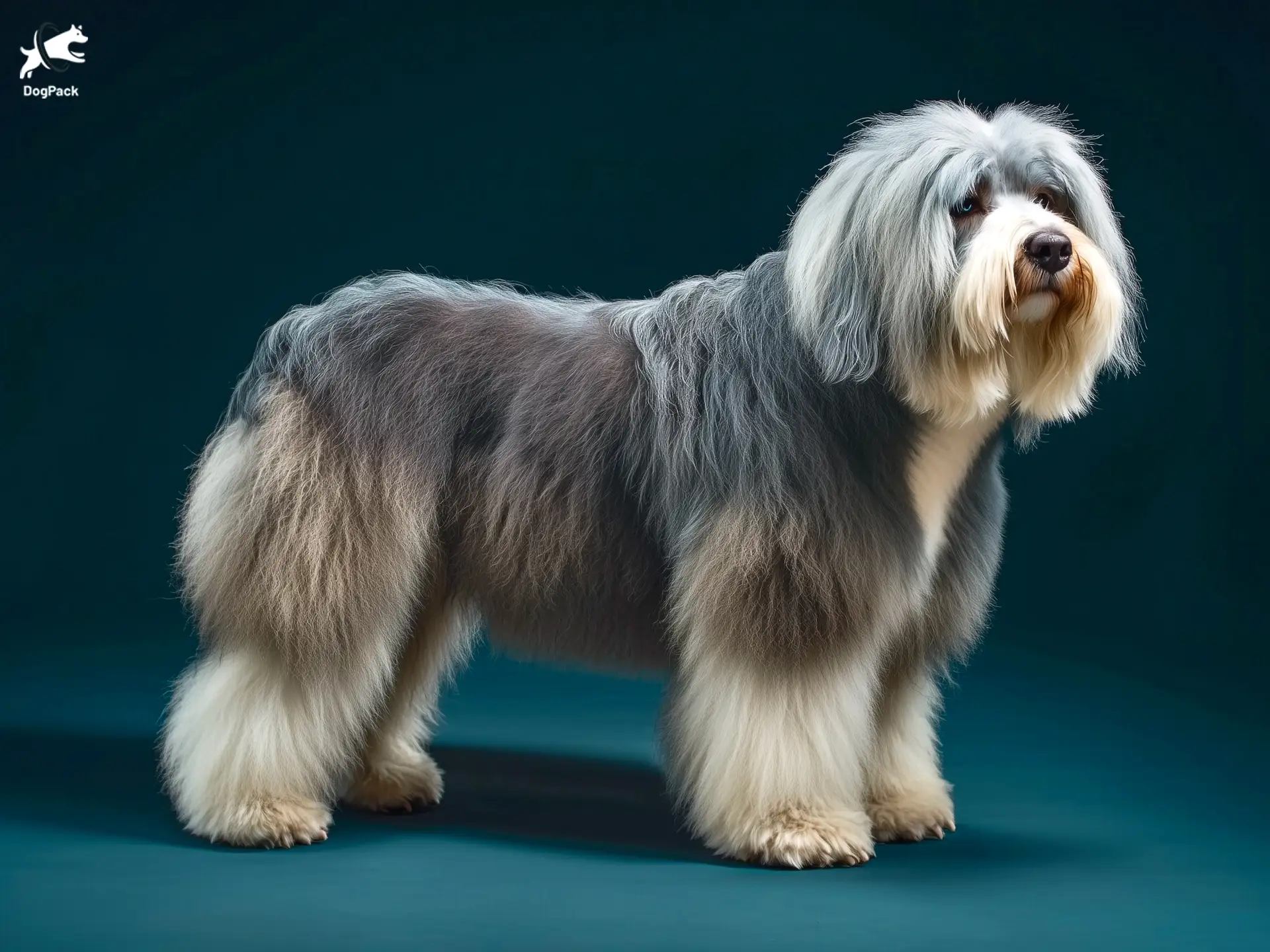 Old English Sheepdog Dog breed full body view standing against green background