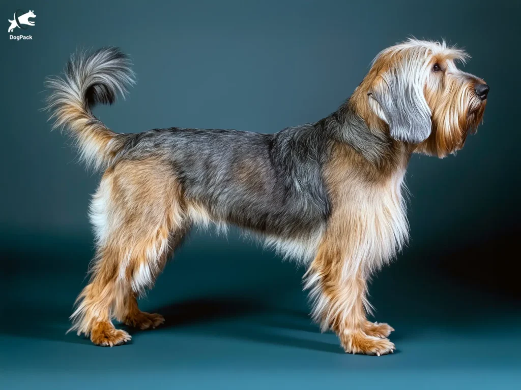 Otterhound Dog breed full body view standing against green background