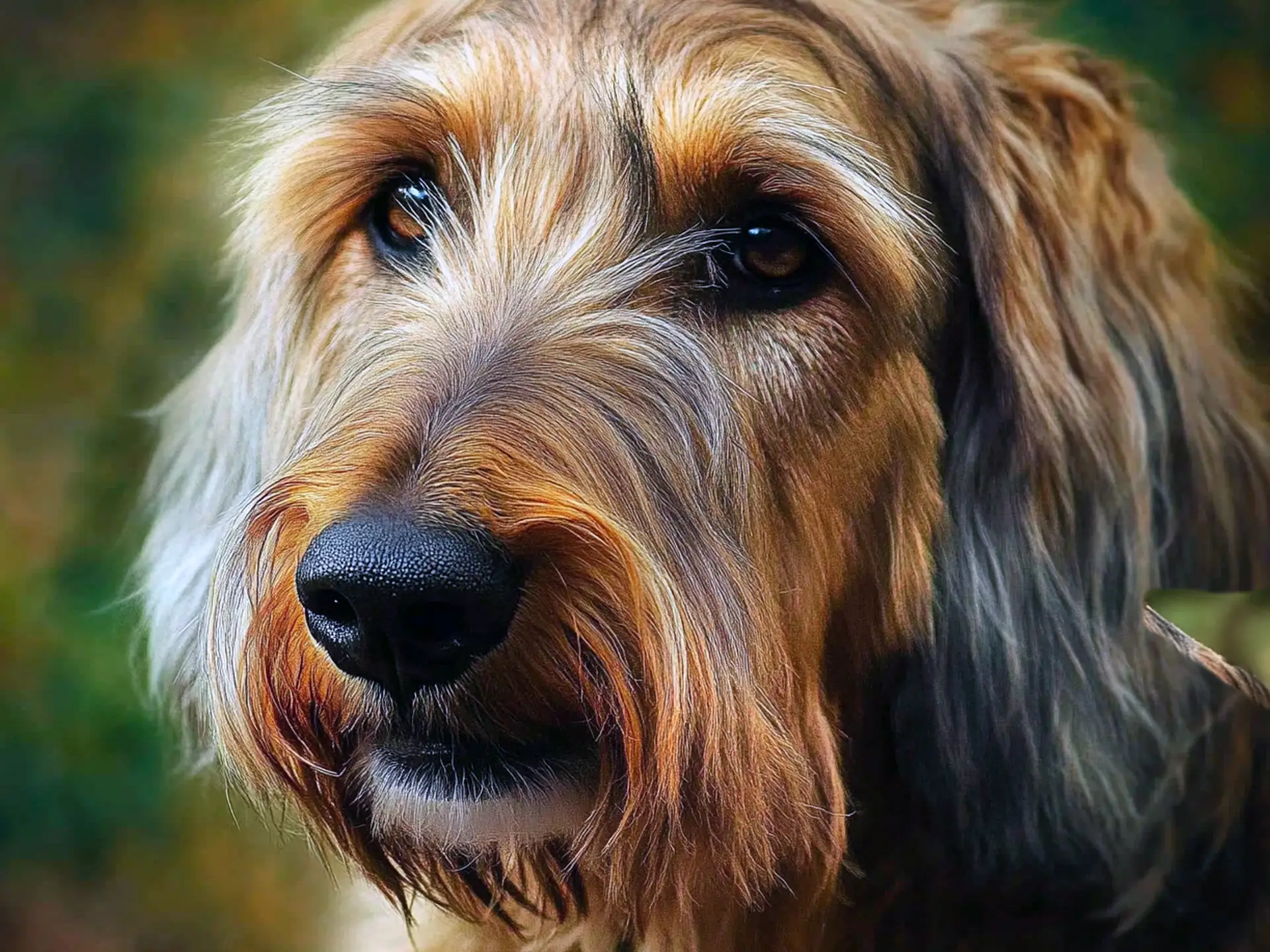 Close-up of an Otterhound dog with a focus on its shaggy fur and expressive eyes