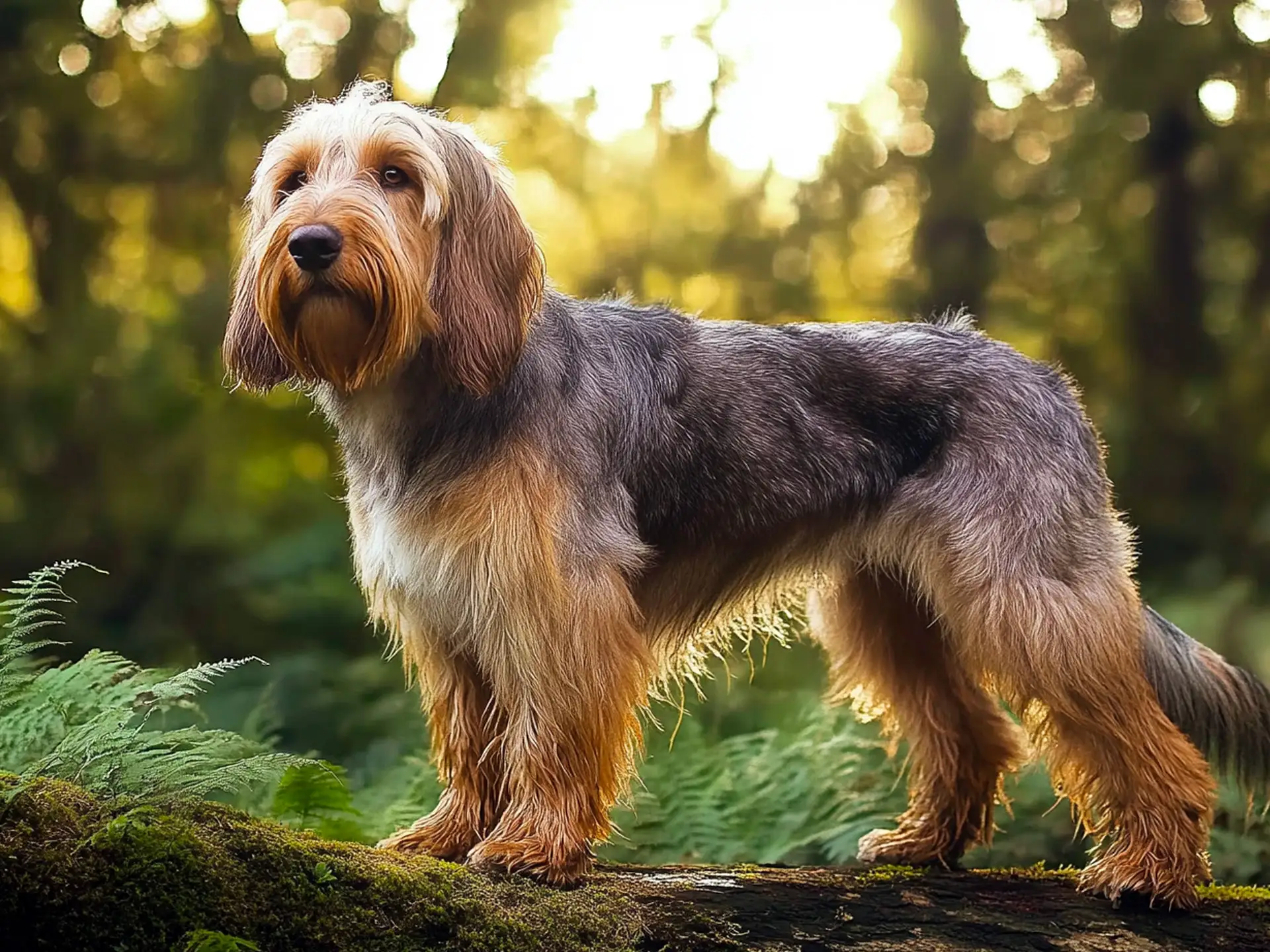 Otterhound dog standing on a log in a forest with sunlight filtering through the trees