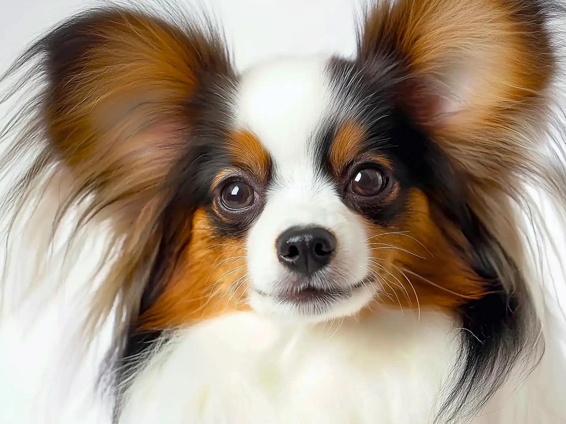 Close-up of a Papillon with fluffy ears and a white and tan coat.