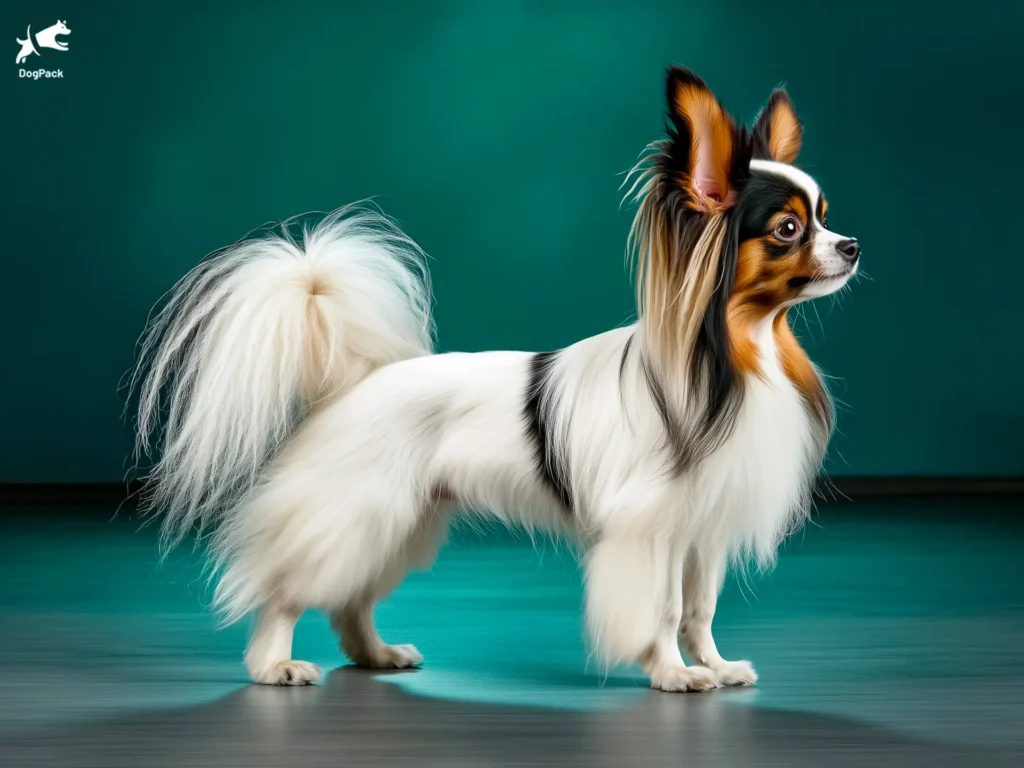 Papillon Dog breed full body view standing against green background