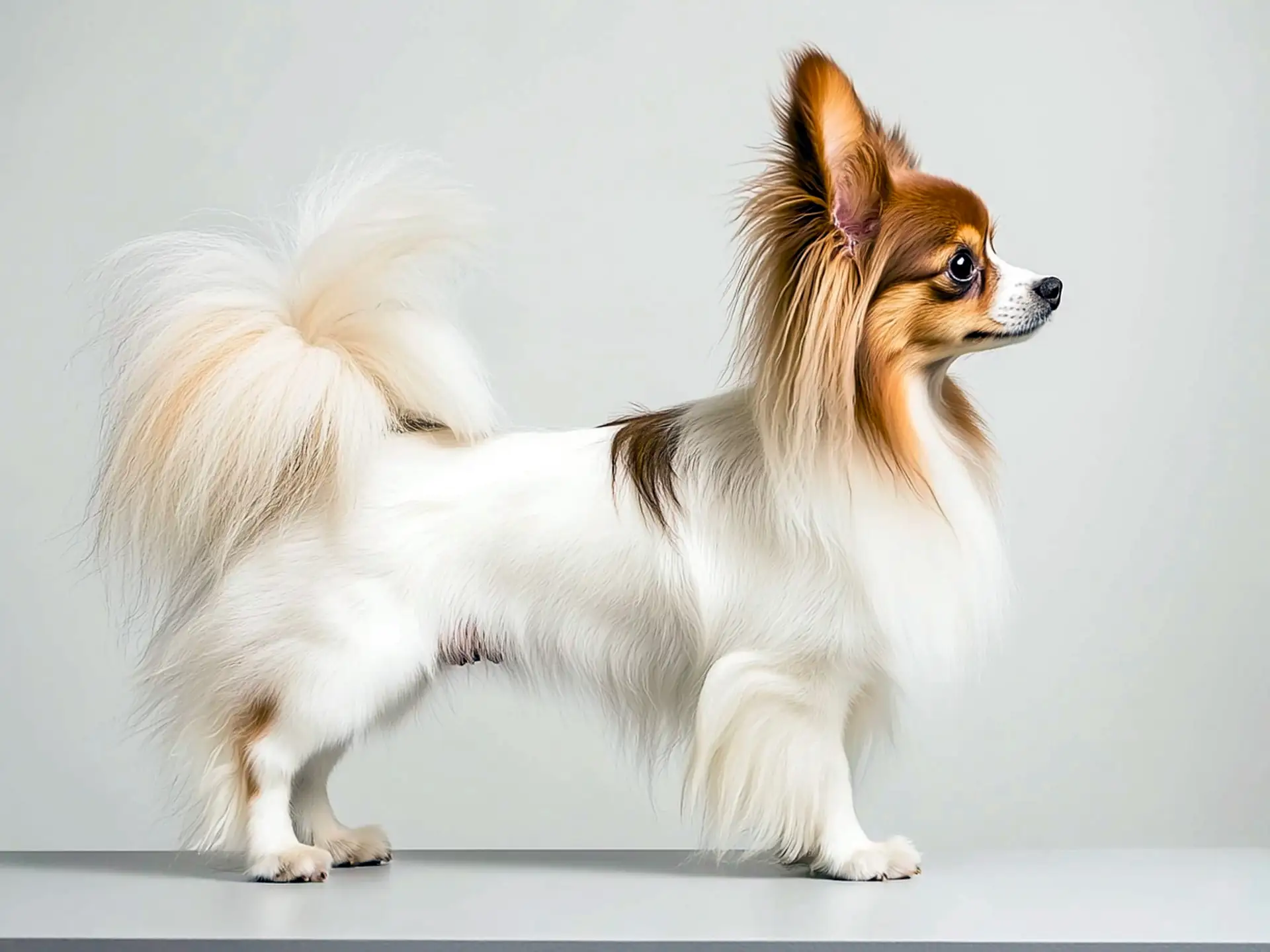 Papillon standing on a white surface, showing its elegant and graceful posture.