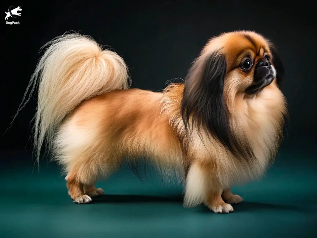 Pekingese Dog breed full body view standing against green background