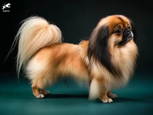 Pekingese Dog breed full body view standing against green background