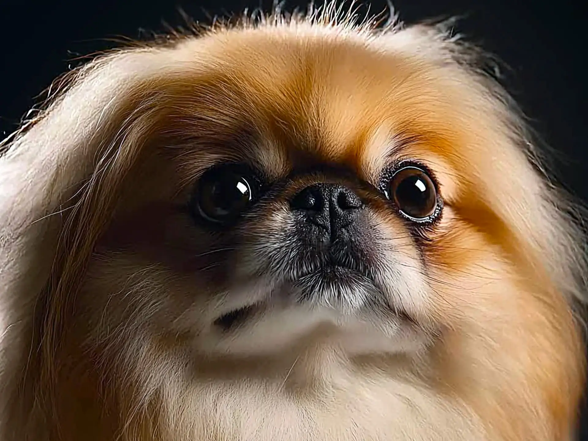 Close-up of a Pekingese dog with a fluffy golden coat and large dark eyes, looking straight ahead