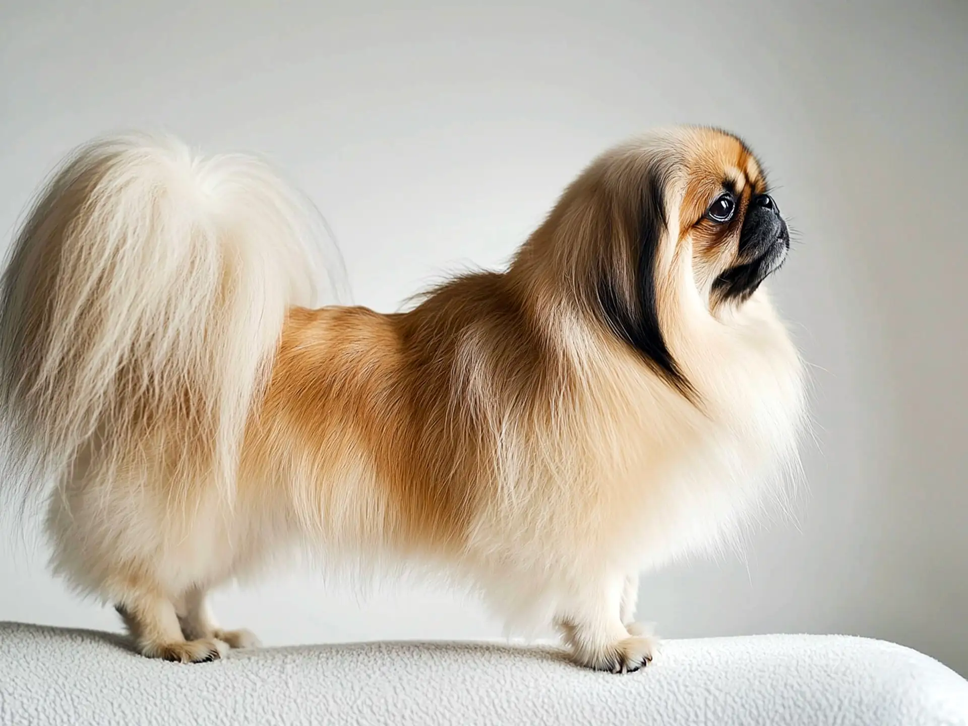 Side profile of a Pekingese dog standing on a white surface, showcasing its long, luxurious coat