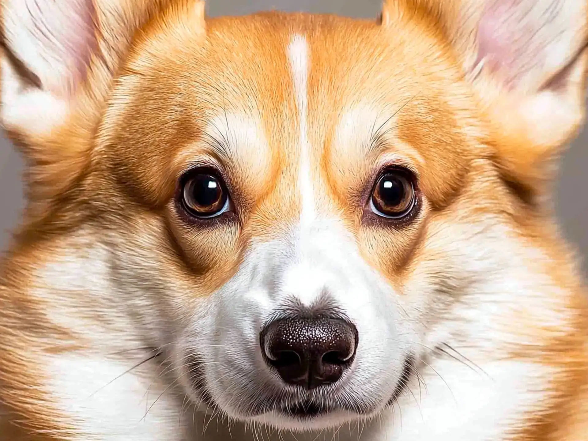  Close-up of a Pembroke Welsh Corgi's face with bright eyes and a white blaze