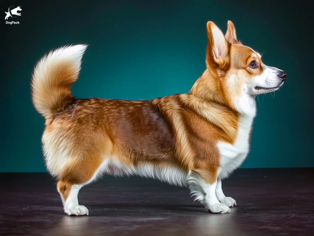 Pembroke Welsh Corgi Dog breed full body view standing against green background