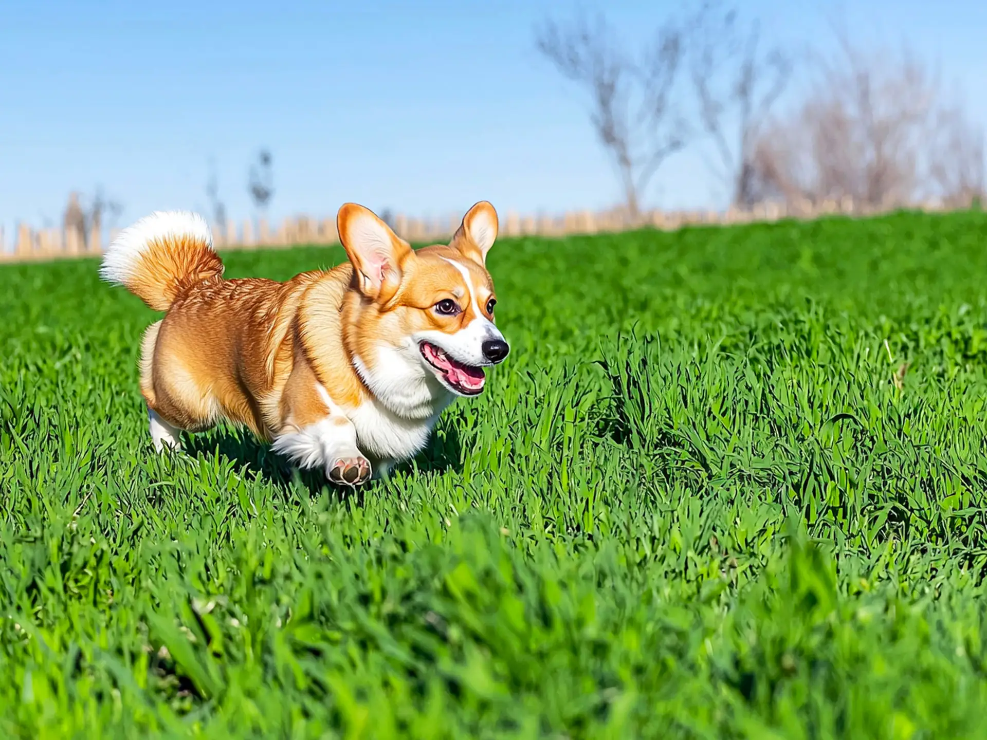 Pembroke Welsh Corgi running across a green field with a happy expression