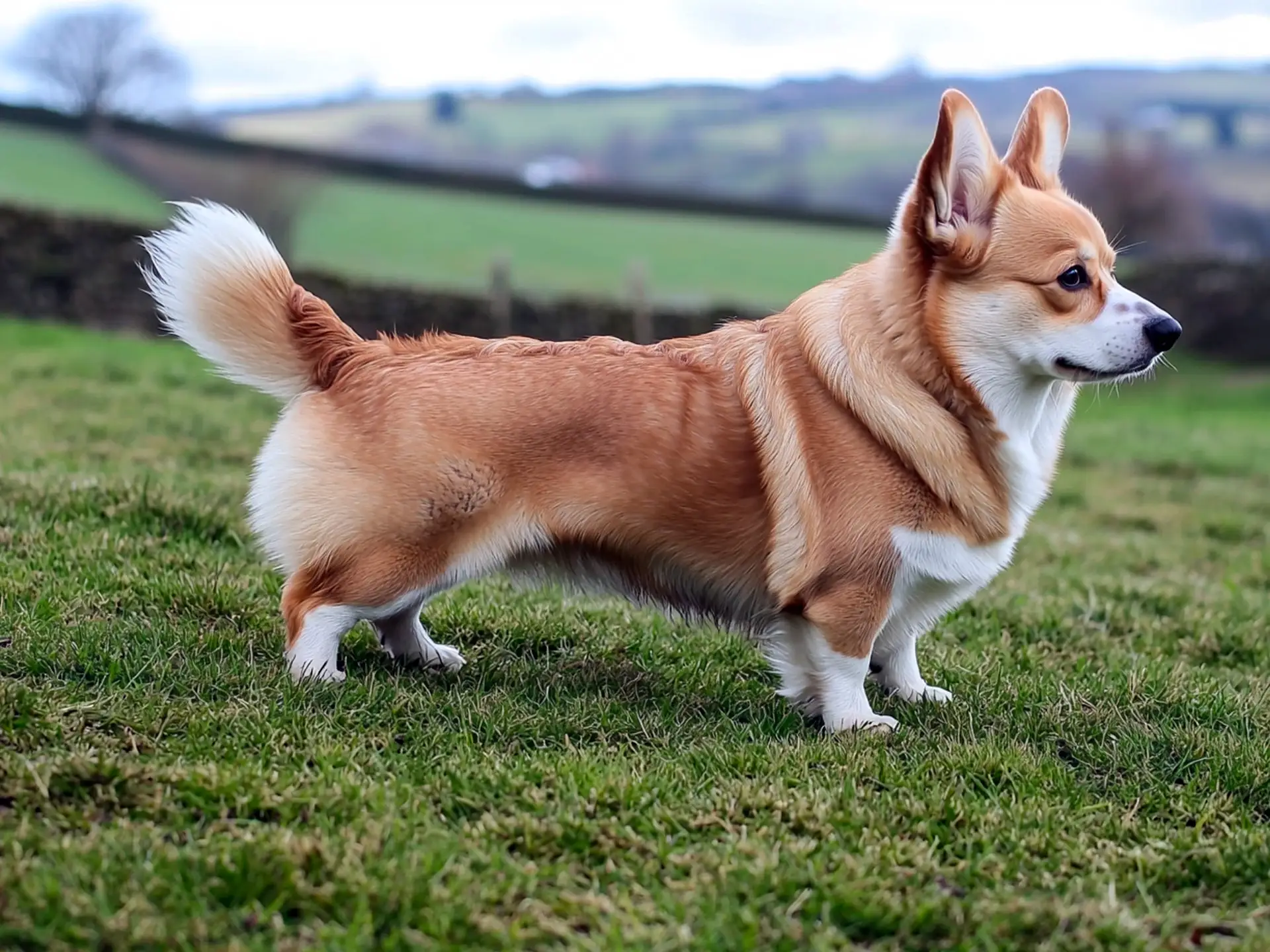 Side profile of a Pembroke Welsh Corgi standing on grass, showing its fluffy tail and sturdy build