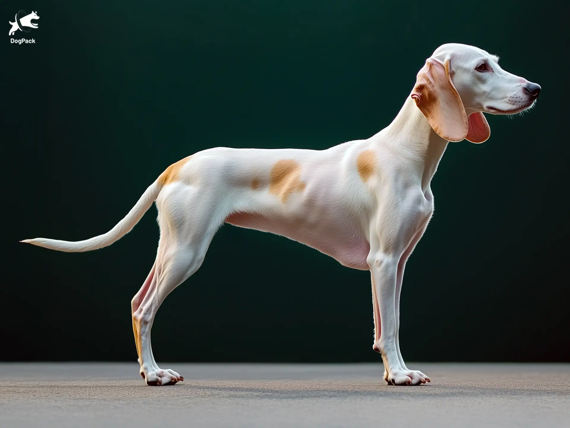 Porcelaine Dog breed full body view standing against green background