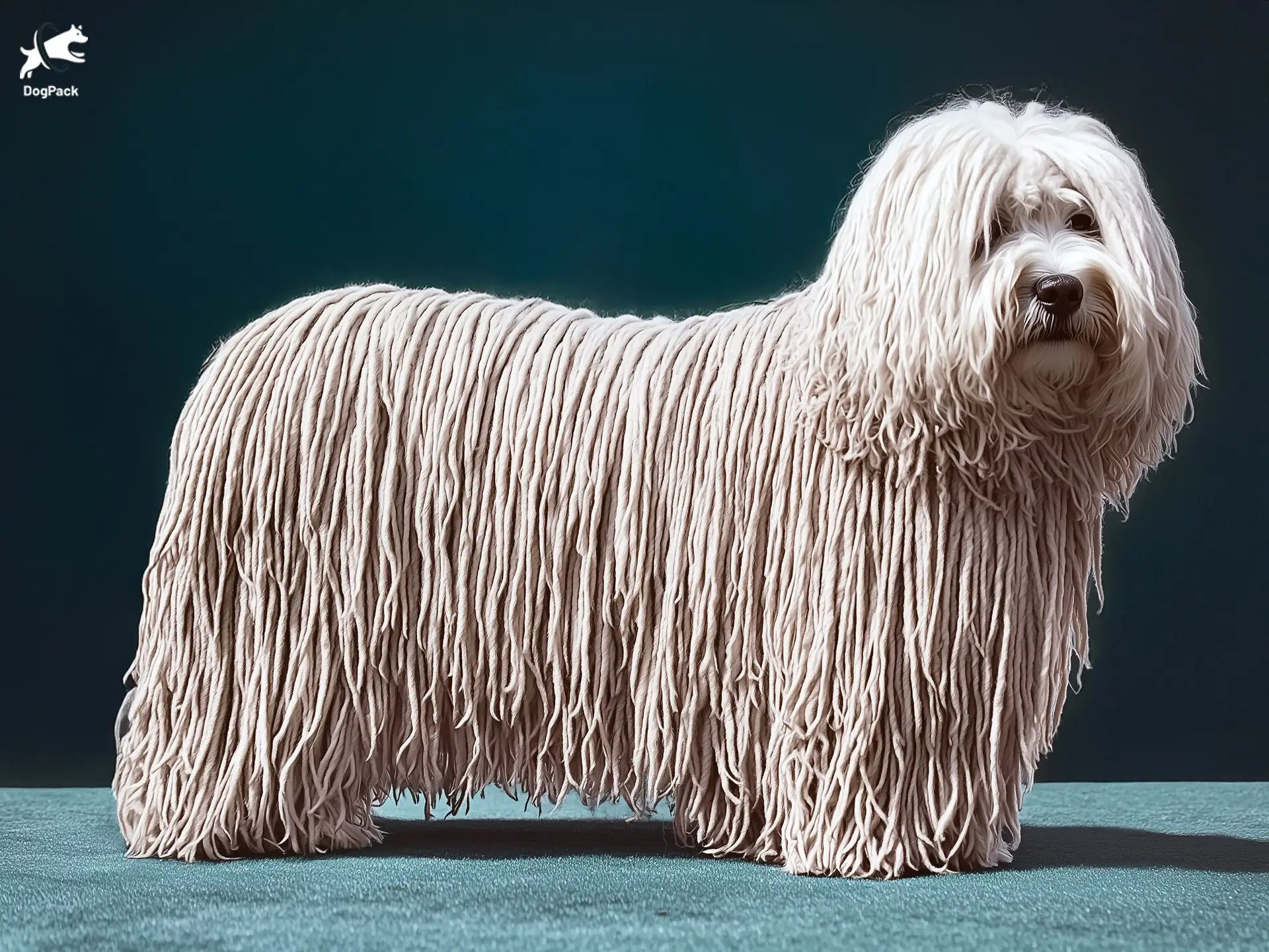 Puli Dog breed full body view standing against green background