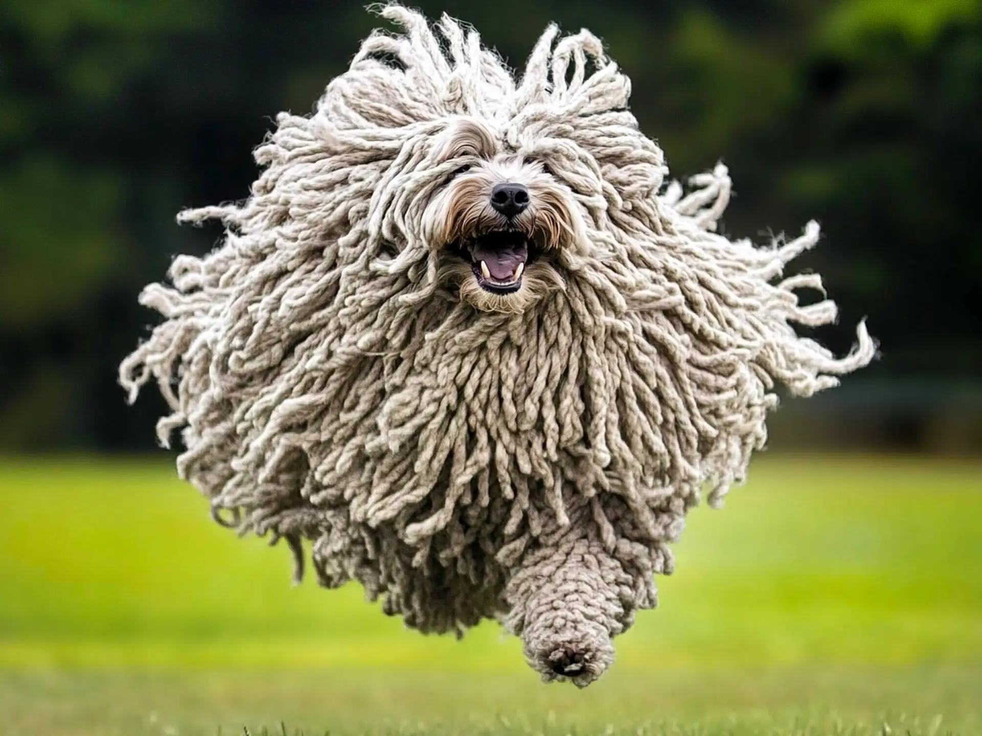 Puli dog leaping joyfully in a grassy field, showcasing its iconic corded fur and energetic nature