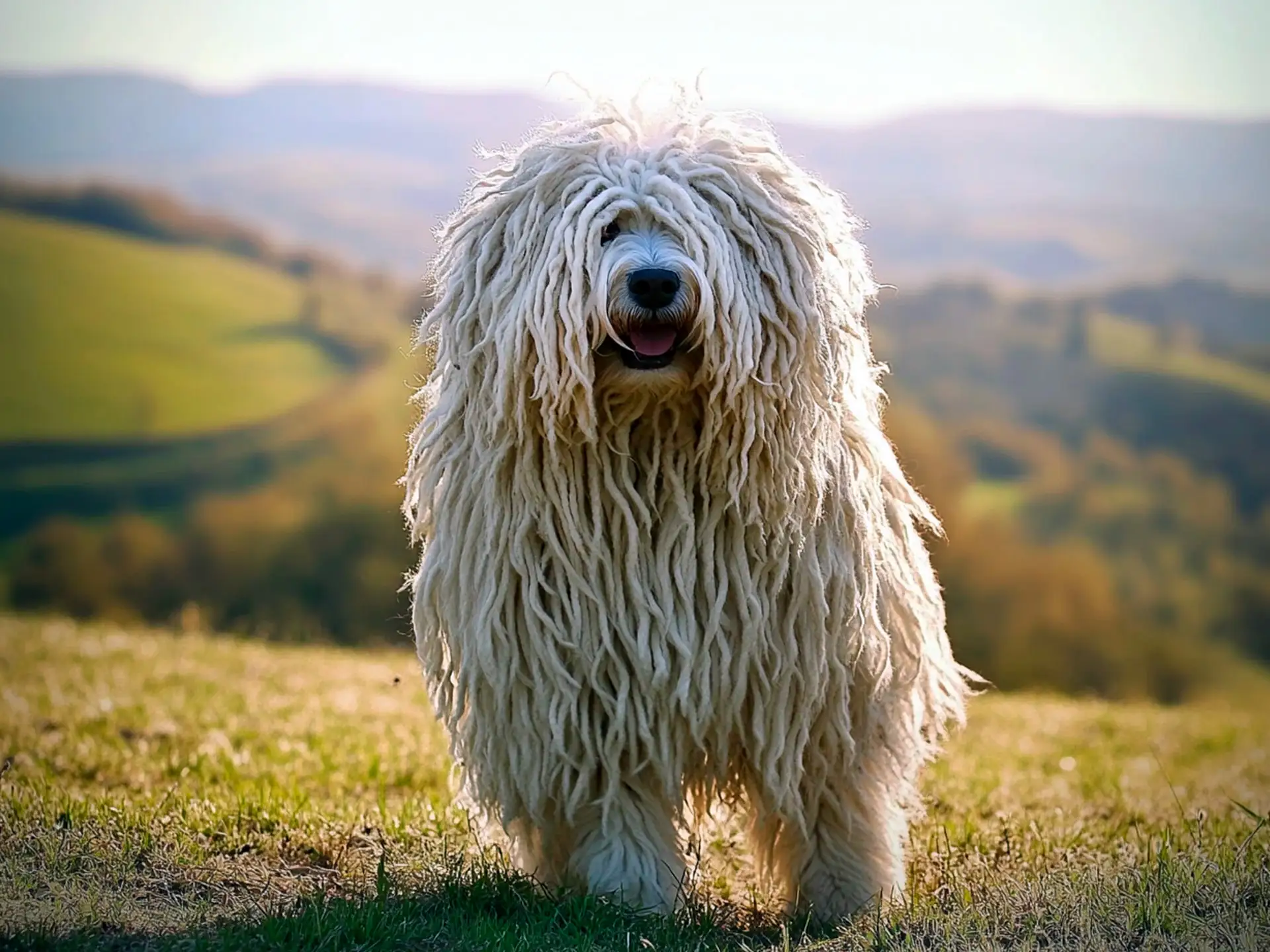 Puli dog standing on a hill, surrounded by scenic countryside, highlighting its long, corded coat