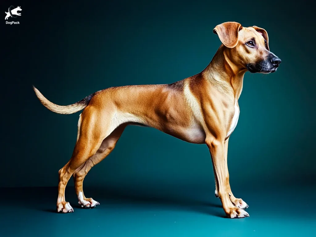 Royal Bourbon Dog breed full body view standing against green background