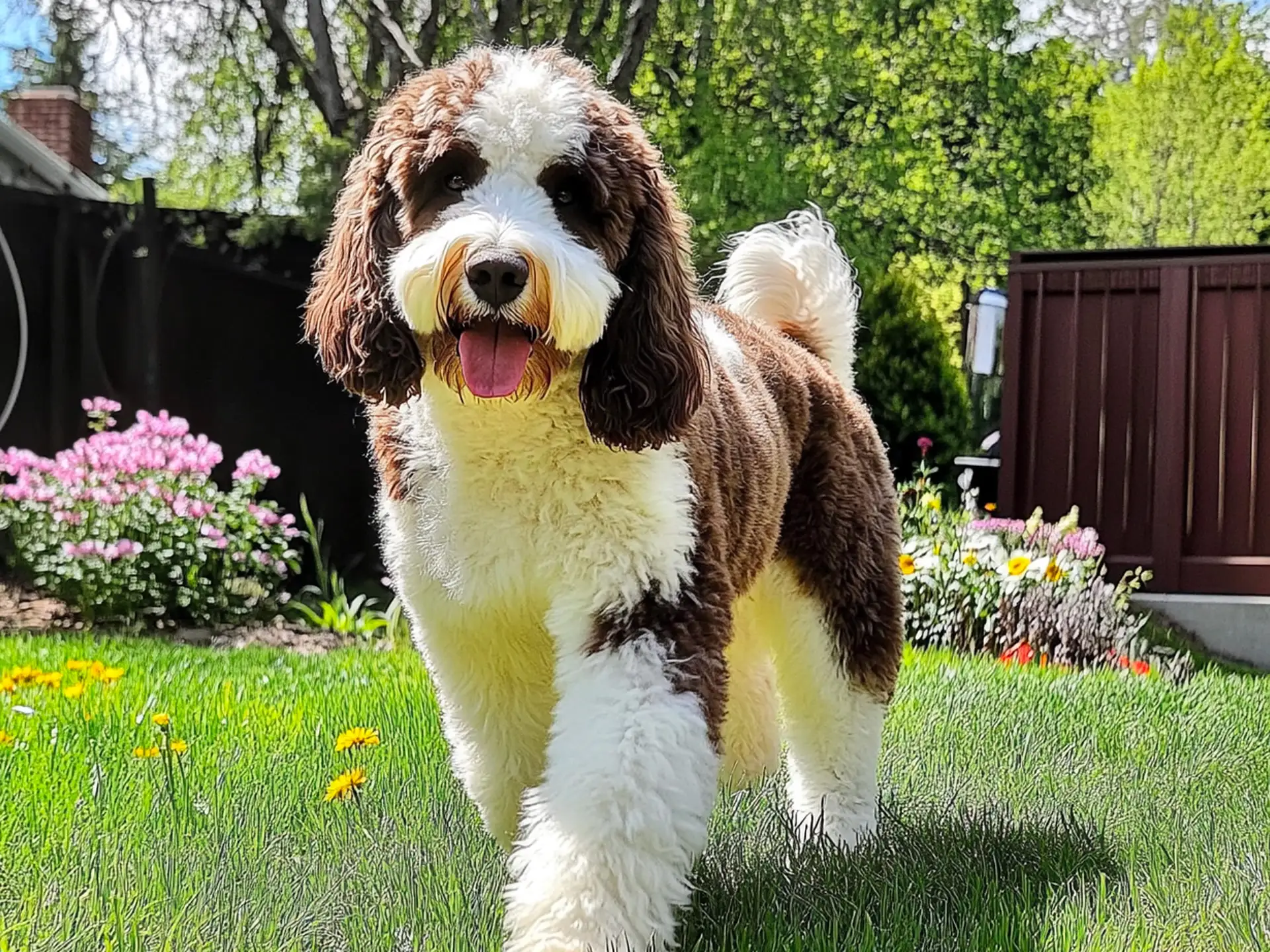 Saint Berdoodle walking on green grass surrounded by flowers and trees, exuding charm in a sunny backyard