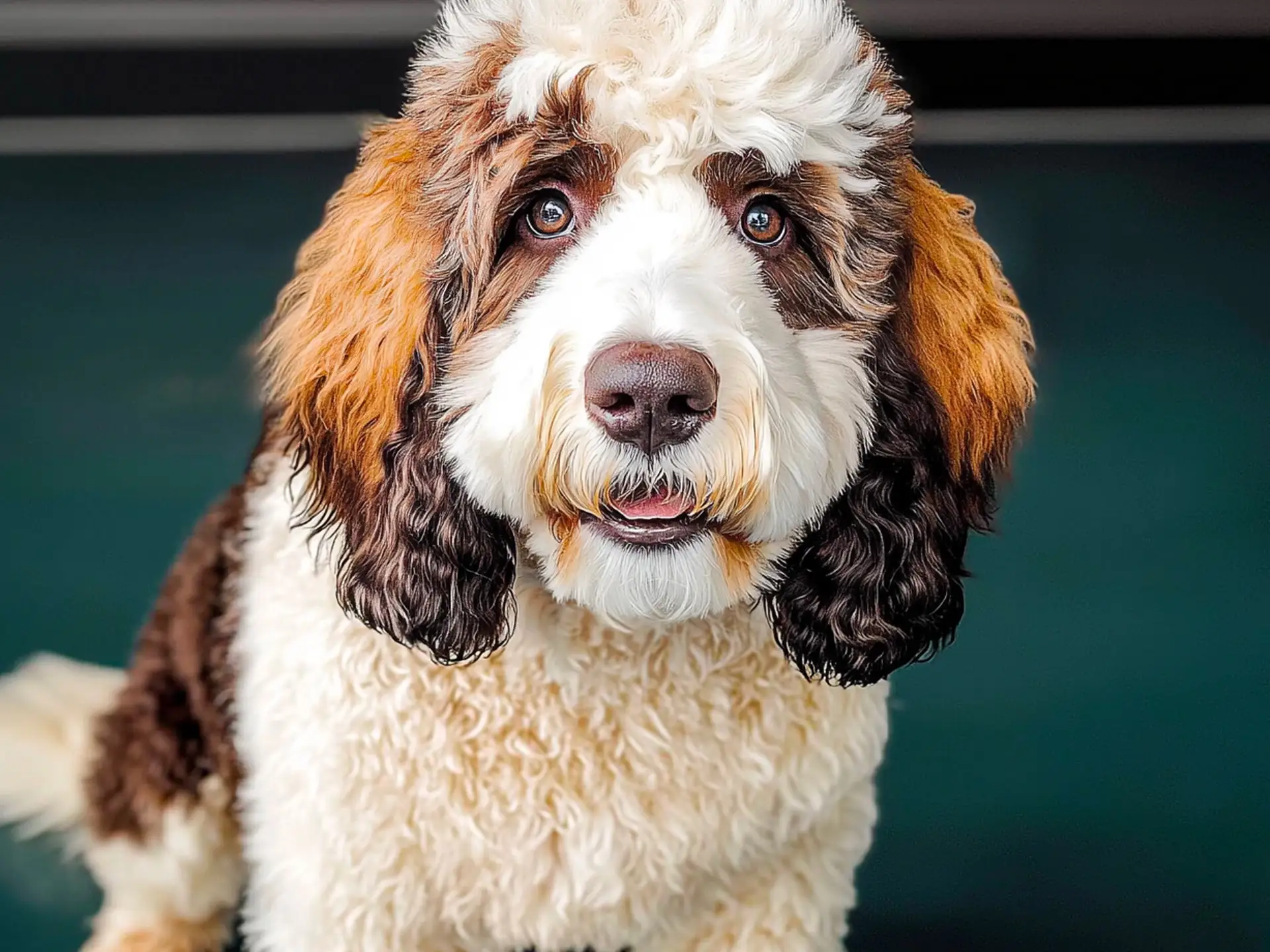 Close-up of a Saint Berdoodle with brown and white curls, highlighting its playful and endearing facial features