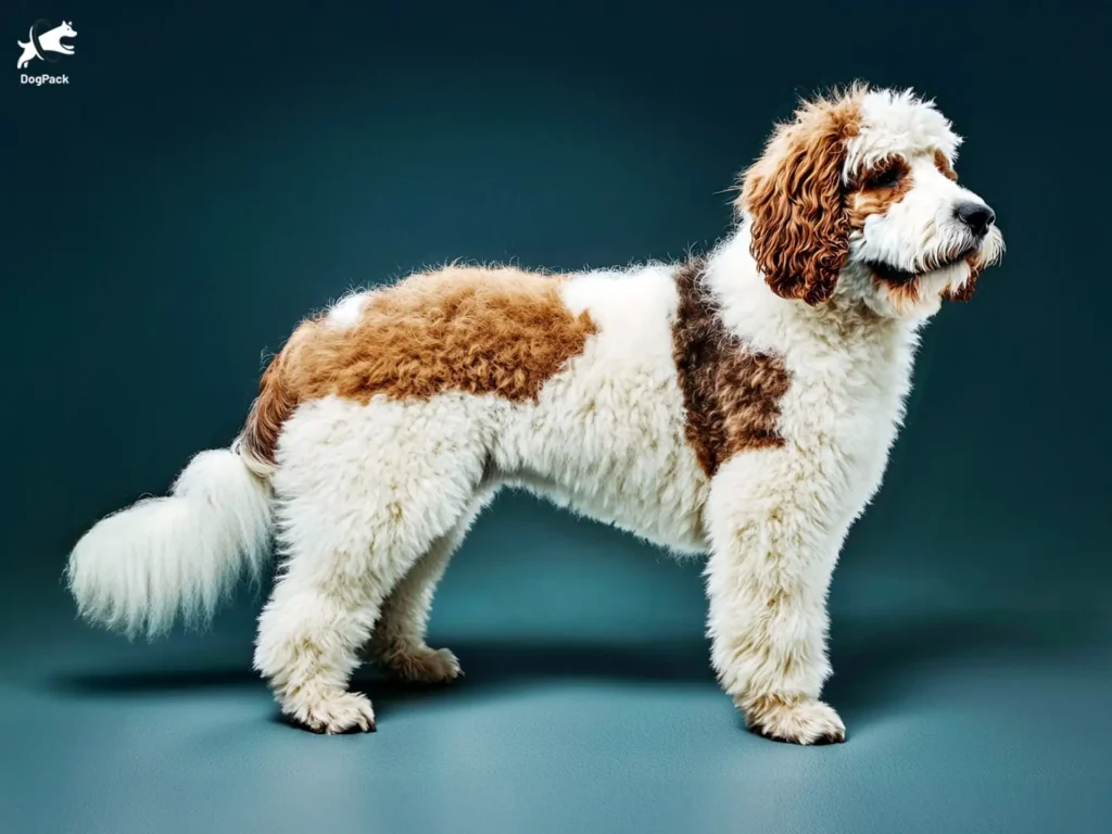 Saint Berdoodle Dog breed full body view standing against green background