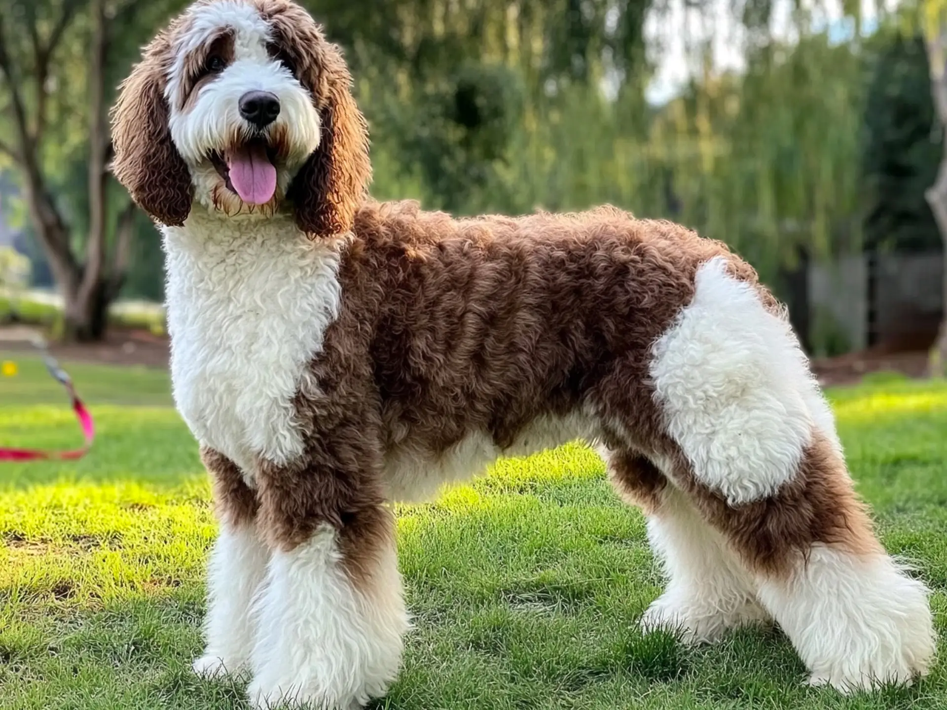 Saint Berdoodle standing on grass with a fluffy brown and white coat, displaying its friendly demeanor in a sunny outdoor setting