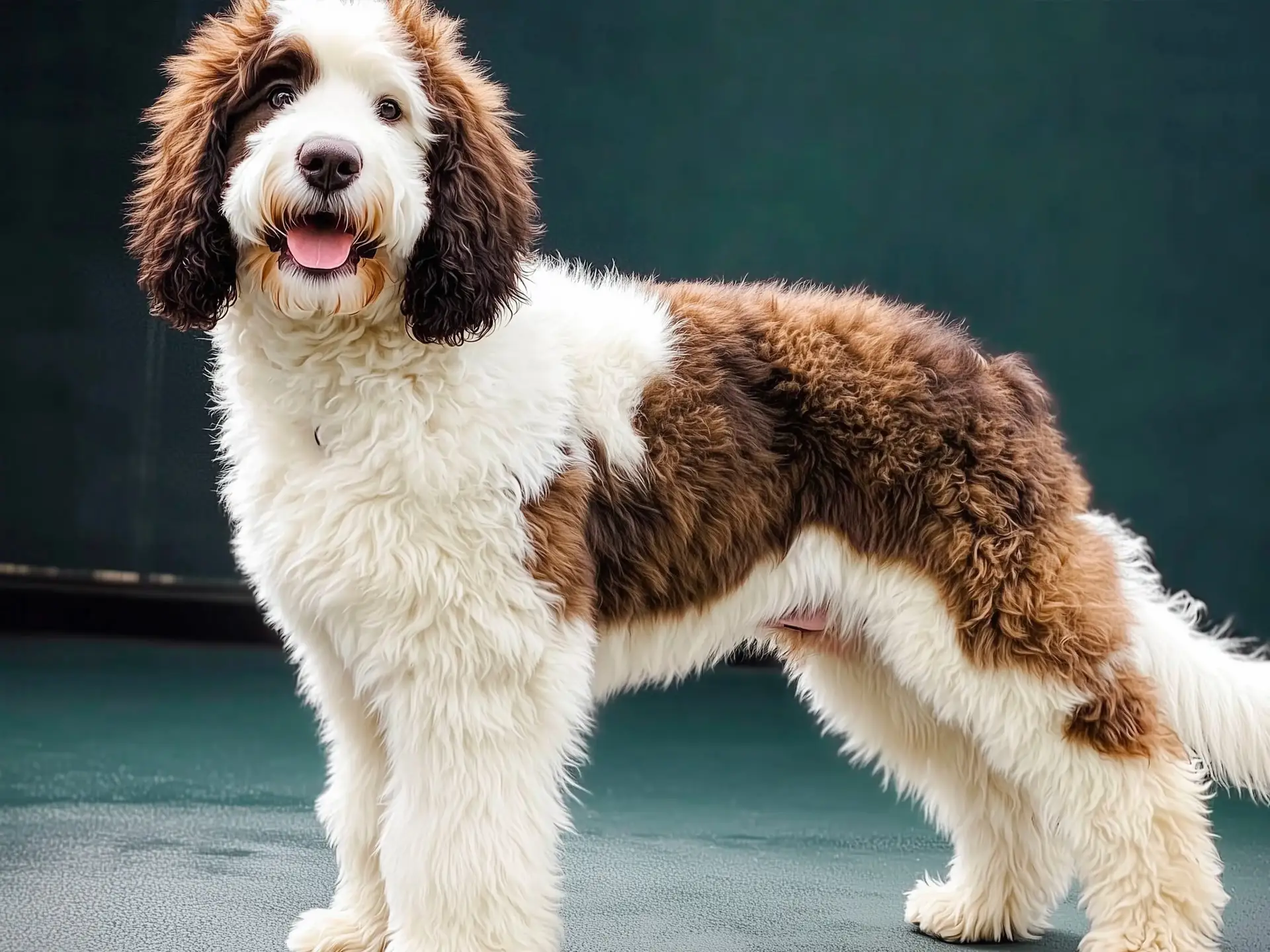 Saint Berdoodle in a professional studio setting, showcasing its curly fur and cheerful expression