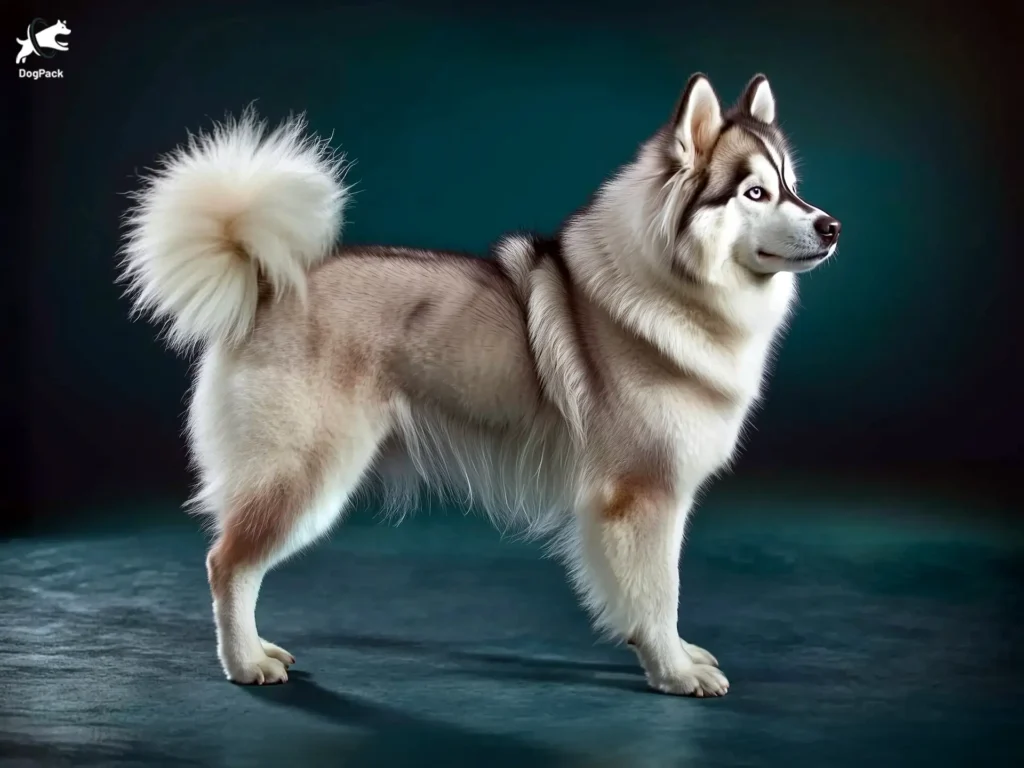 Samusky Dog breed full body view standing against green background