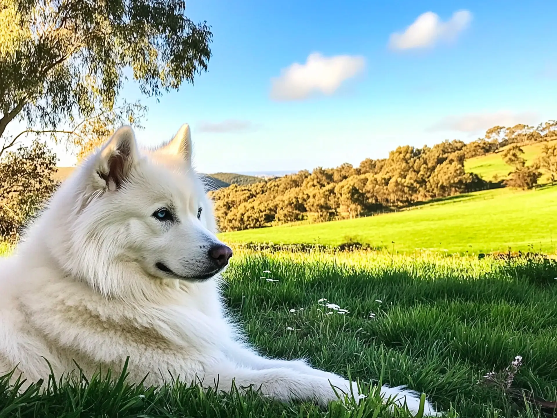 A Samusky lying on a grassy field with a scenic countryside in the background