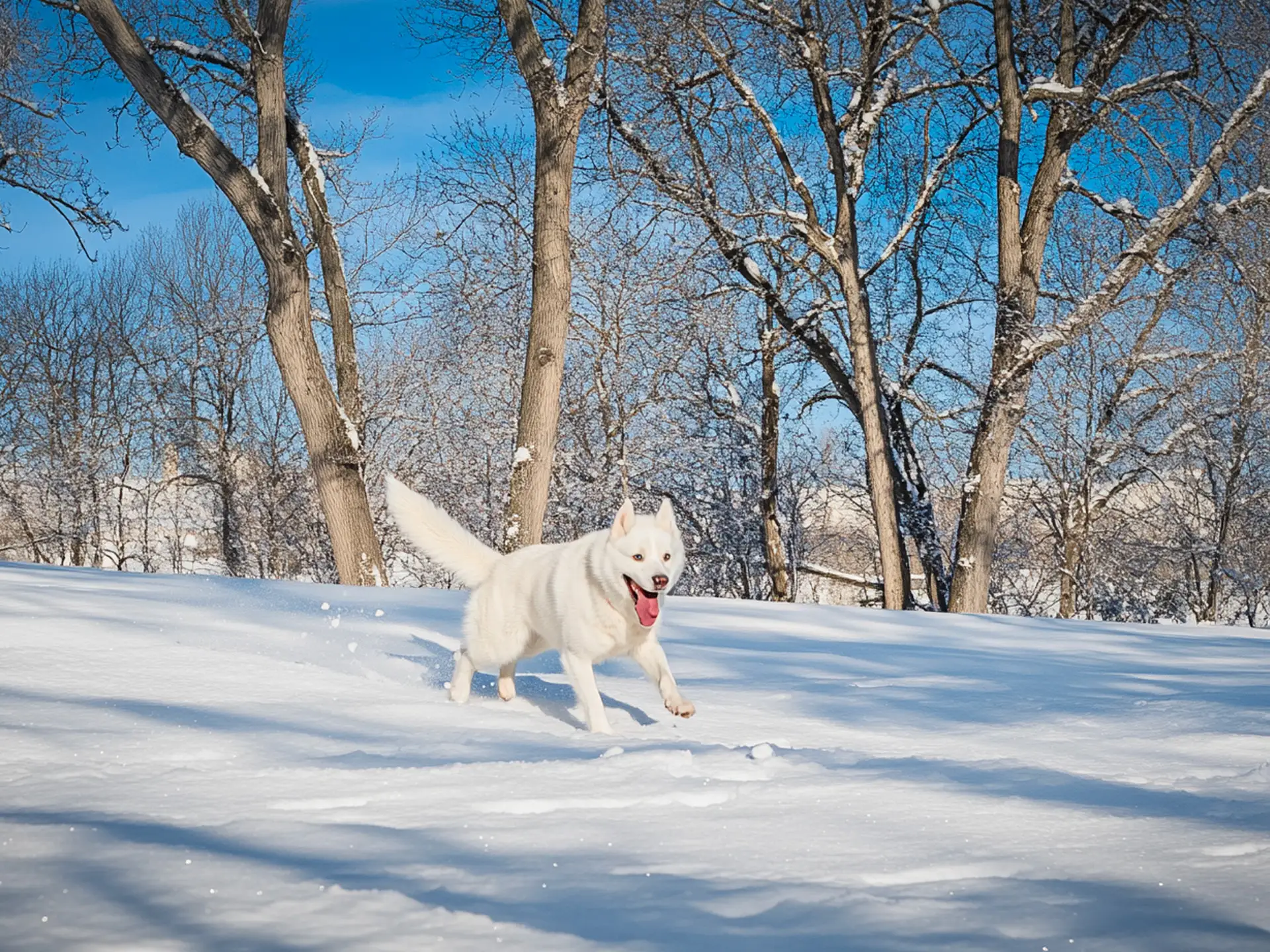 A Samusky running through snow-covered terrain surrounded by bare trees