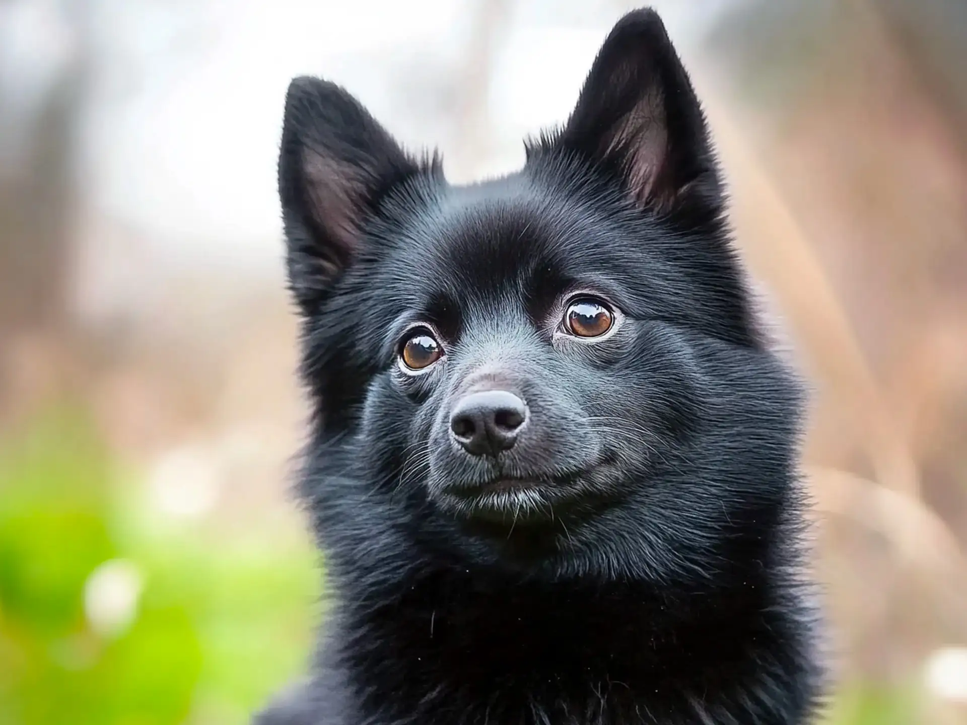 Close-up of a black Schipperke with an alert expression and bright eyes.