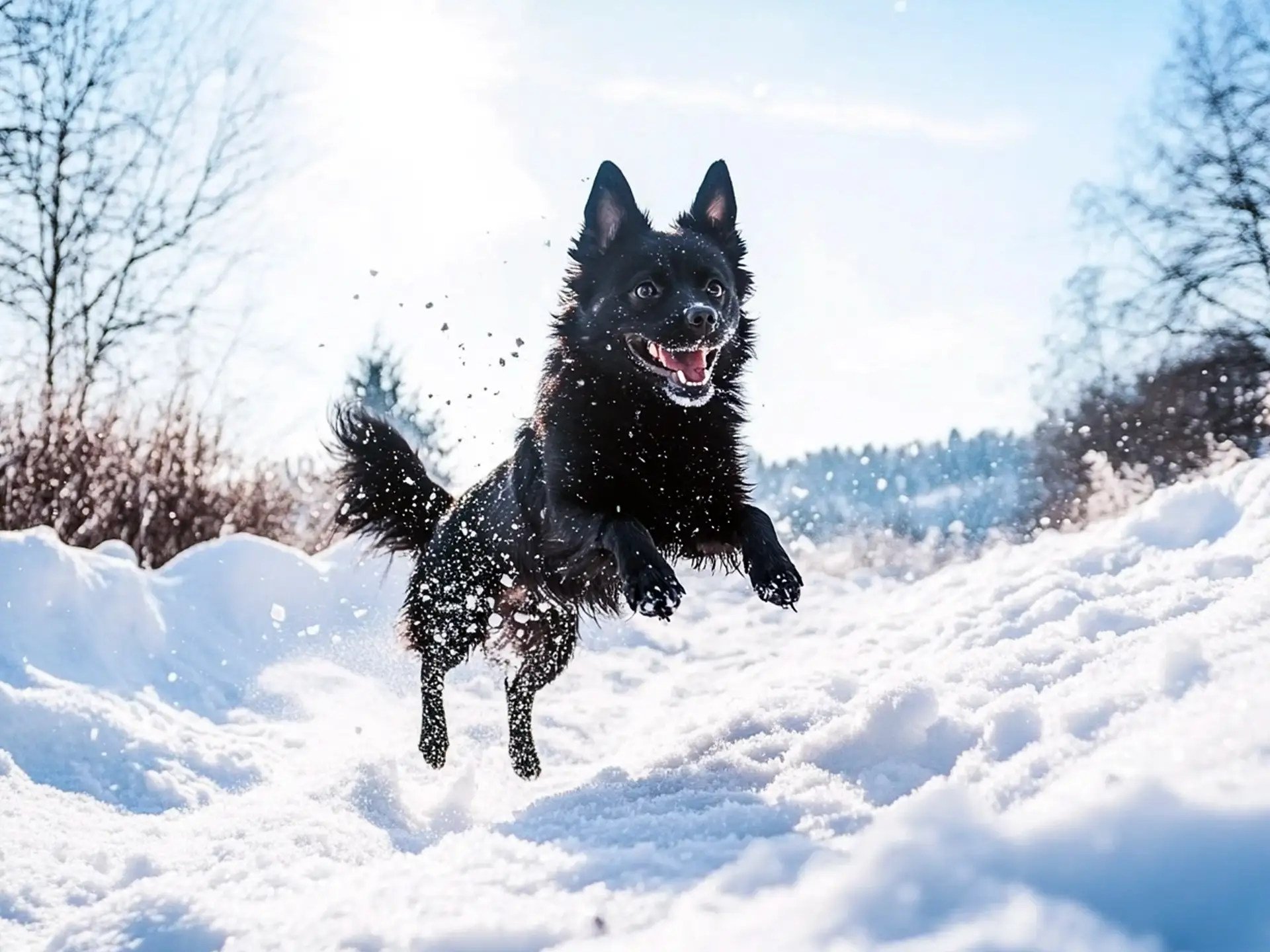 Black Schipperke joyfully leaping through fresh snow on a sunny winter day.